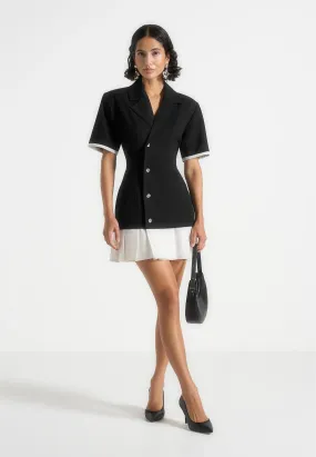 Feminine Look Baya - Tailored Cinch Waist Pleated Blazer Dress - Black
