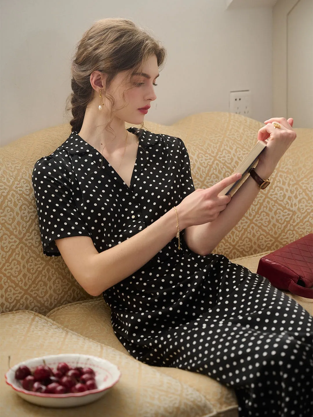 Versatile Cut Silk-Blend Baylee French Retro Polka Dot V-Neck Dress