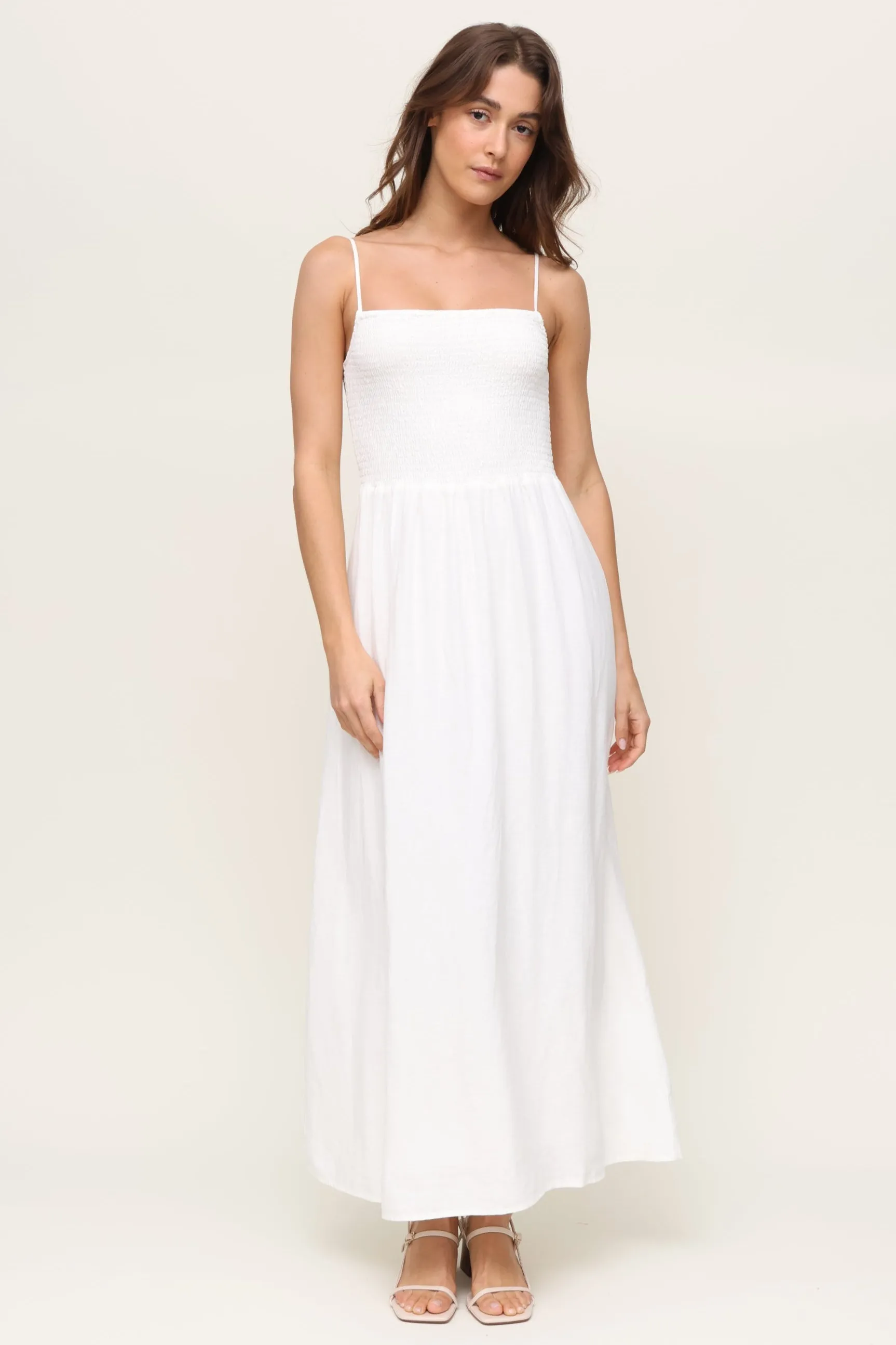 Bayside Linen Maxi Dress One-Shoulder Wide Swing