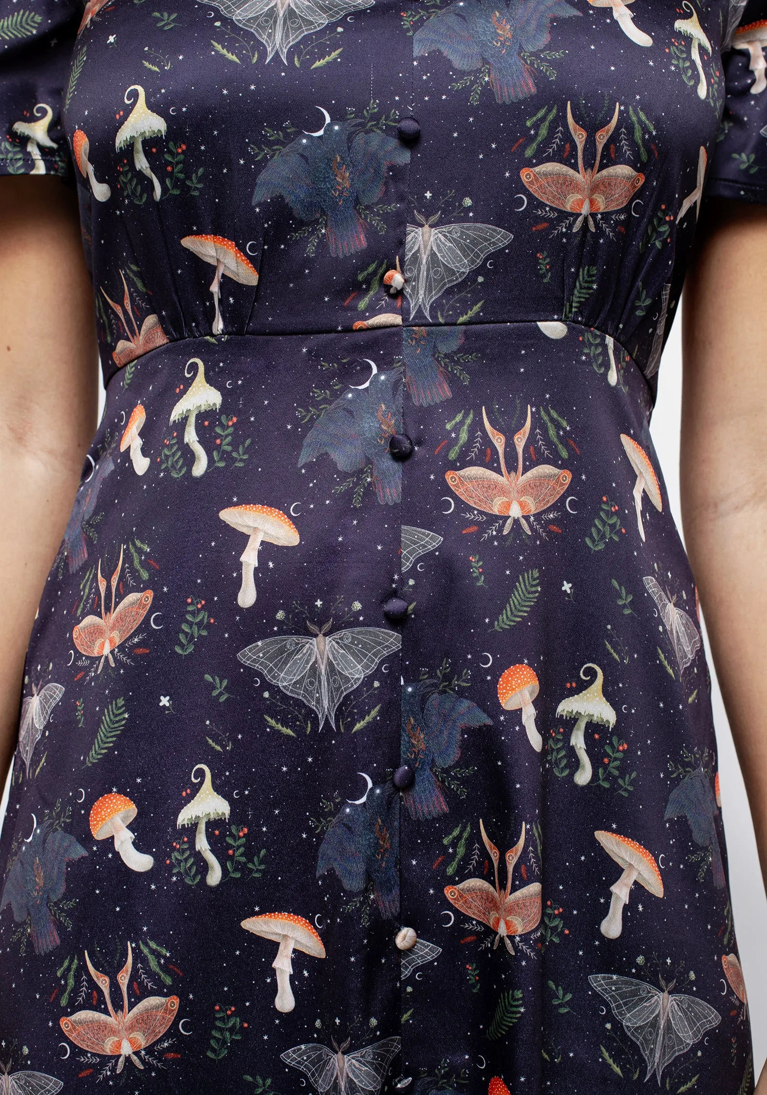 Medeina Print Button Front Satin Midi Dress Cozy and Comfortable