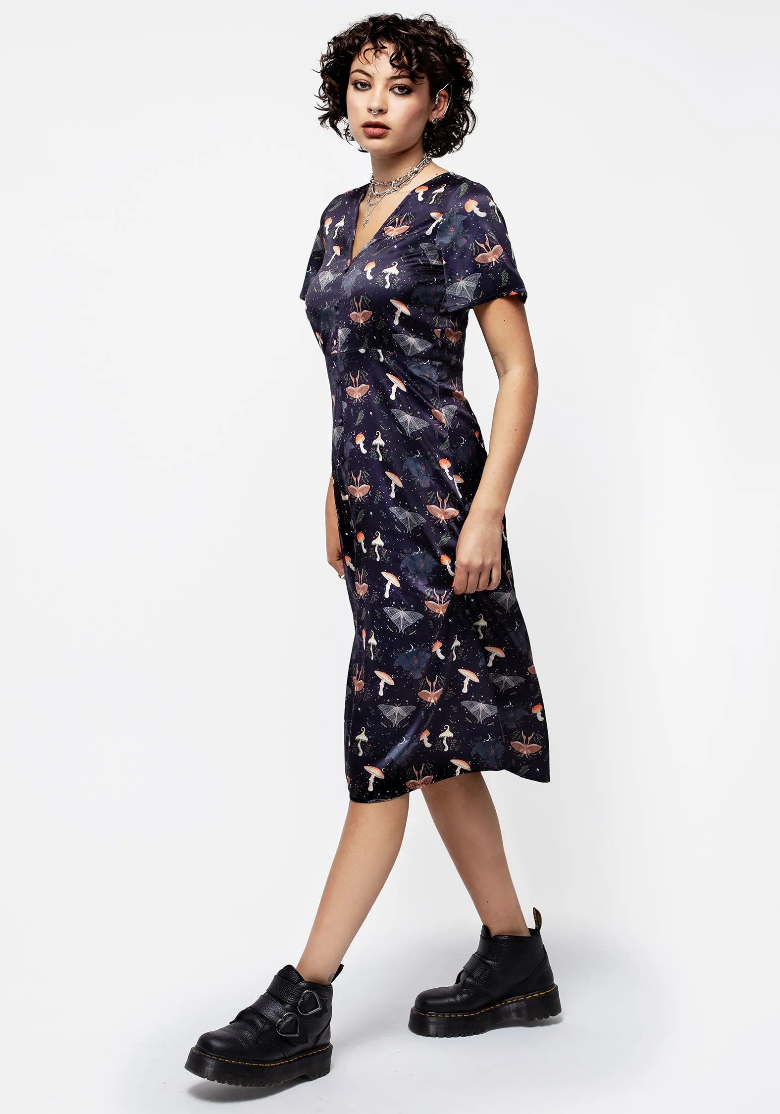 Flowy Layers Everyday Use Medeina Print Button Front Satin Midi Dress
