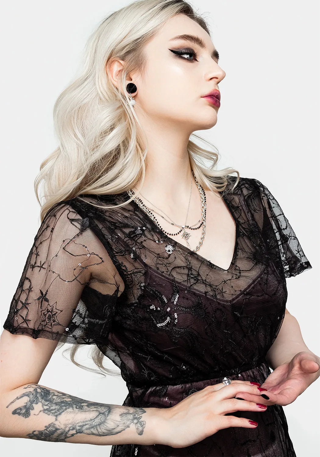 Pure Aesthetic Satin Touch Lune Sequined Tiered Velvet Slip Dress