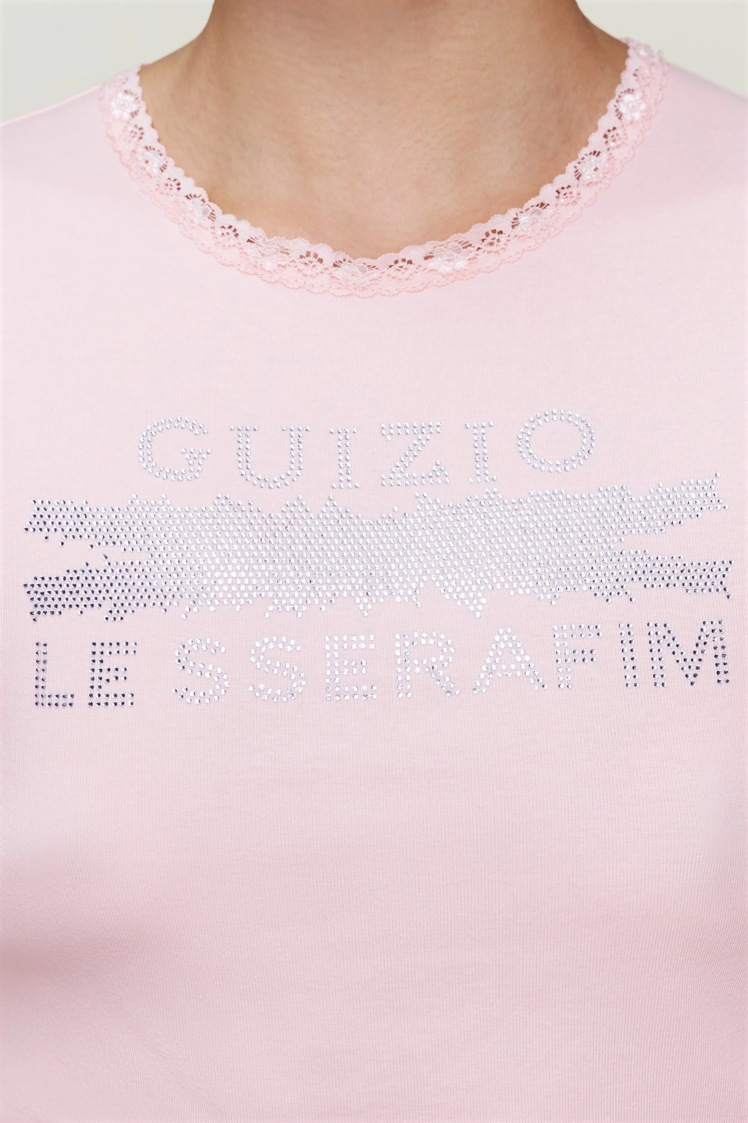 Solid Color Unisex style Bedazzled Lace Trim Tee