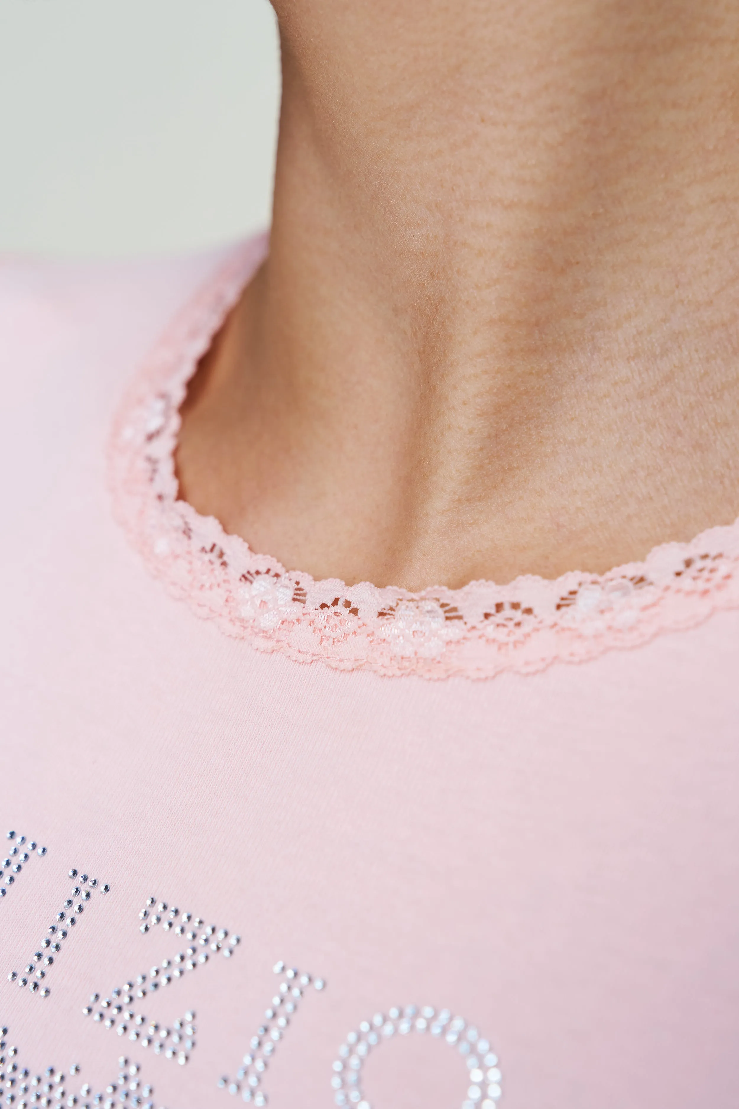 Elegant Finish Polished Finish Bedazzled Lace Trim Tee
