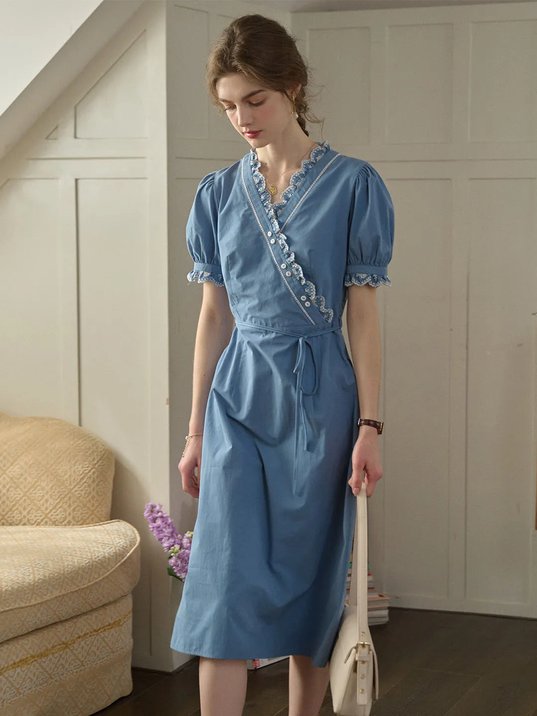 Alivia Wave Contrast Floral Embroidery V Neck Puff Sleeve Cotton Tea Dress Daily Confidence