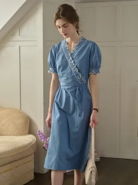 Alivia Wave Contrast Floral Embroidery V Neck Puff Sleeve Cotton Tea Dress Daily Confidence