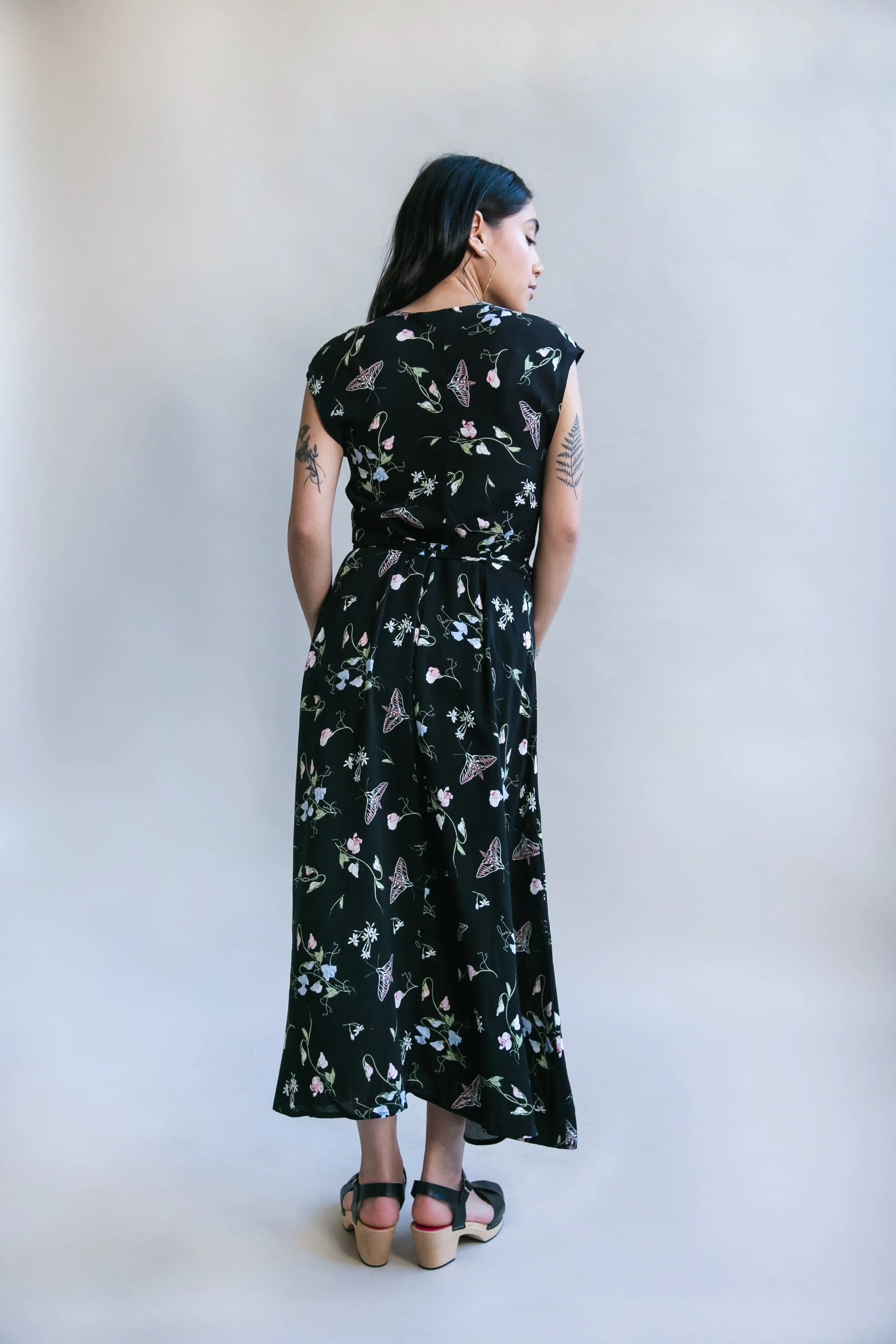 Sheer Look City Style Belted Bias Dress in Sweet Pea Challis