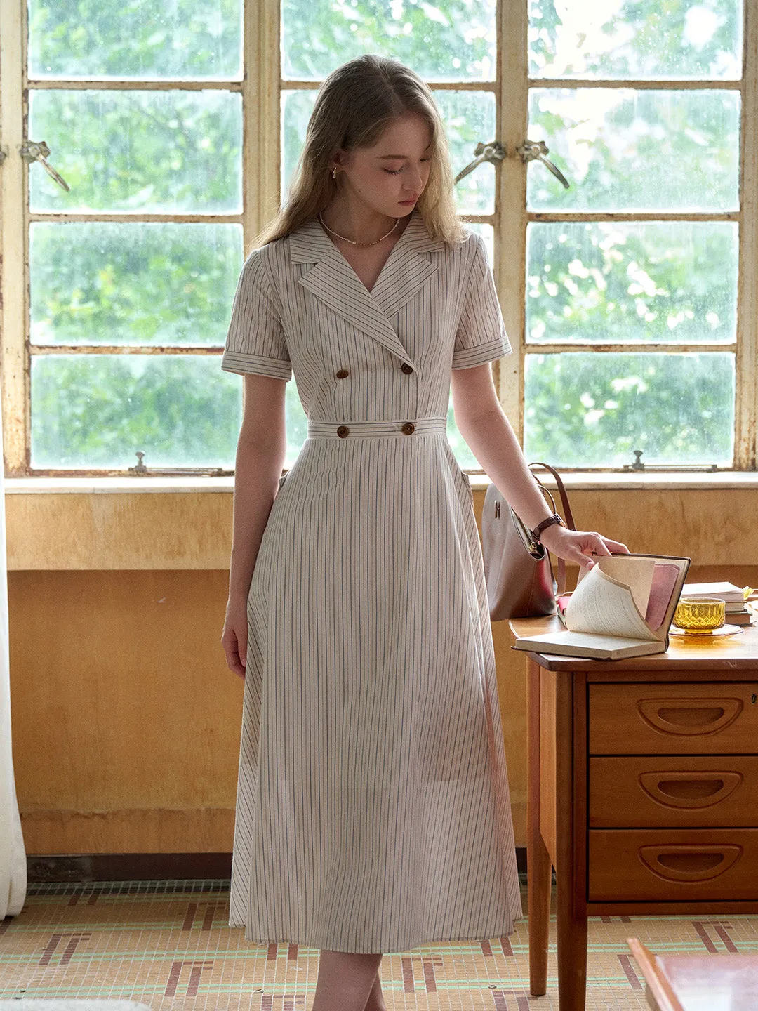 Catalina V-Neck French Stripes Dress Smooth Surface