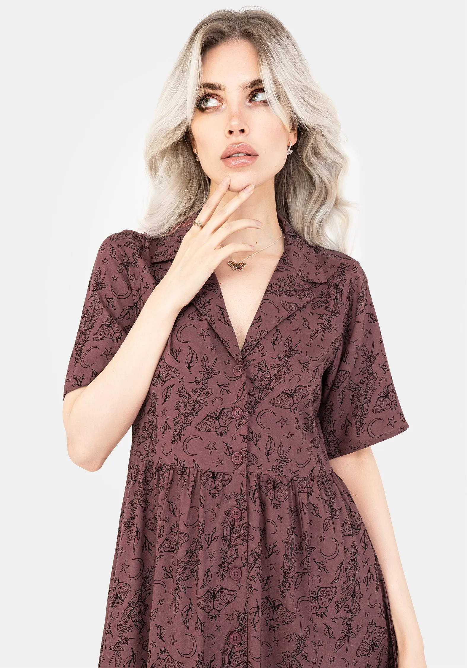 Roxana Moth Foxglove Button Down Midi Shirt Dress Stain-Resistant Romantic Bloom