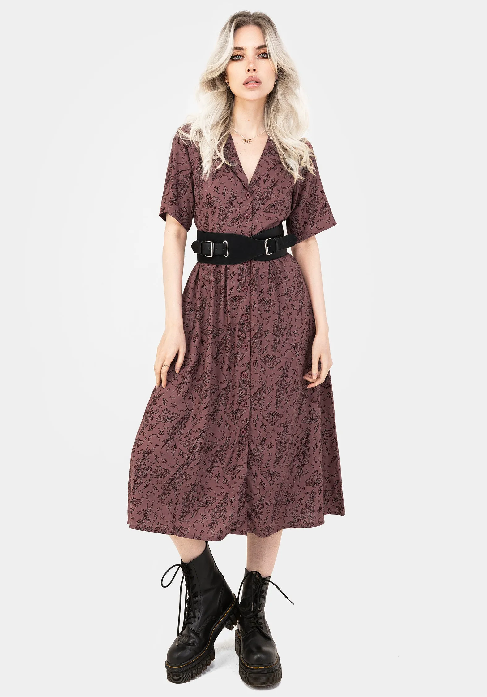Roxana Moth Foxglove Button Down Midi Shirt Dress Farm Scene Lawn Soft