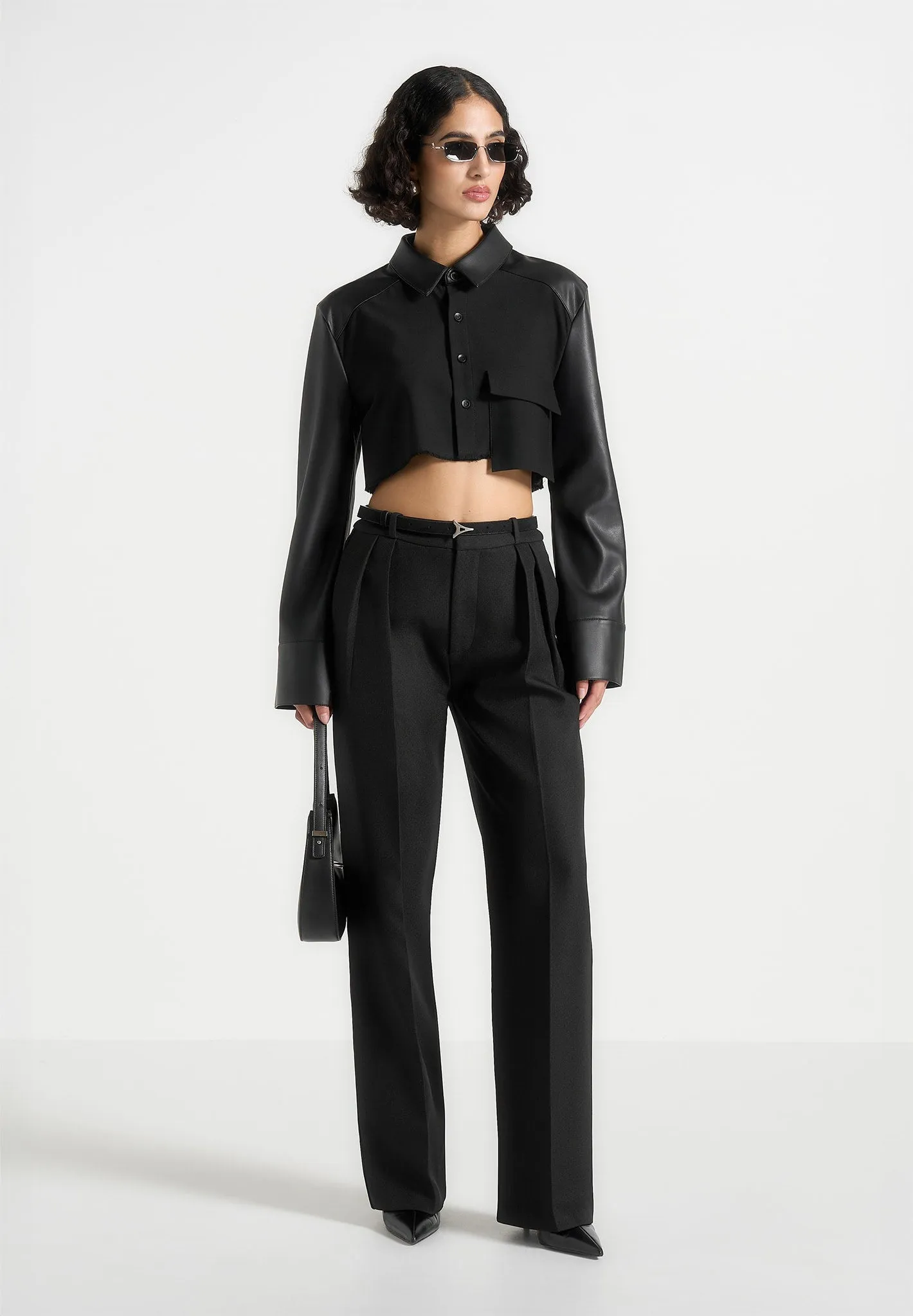 Bernadette - Leather Contrast Cropped Shirt - Black Vintage authenticity anniversary