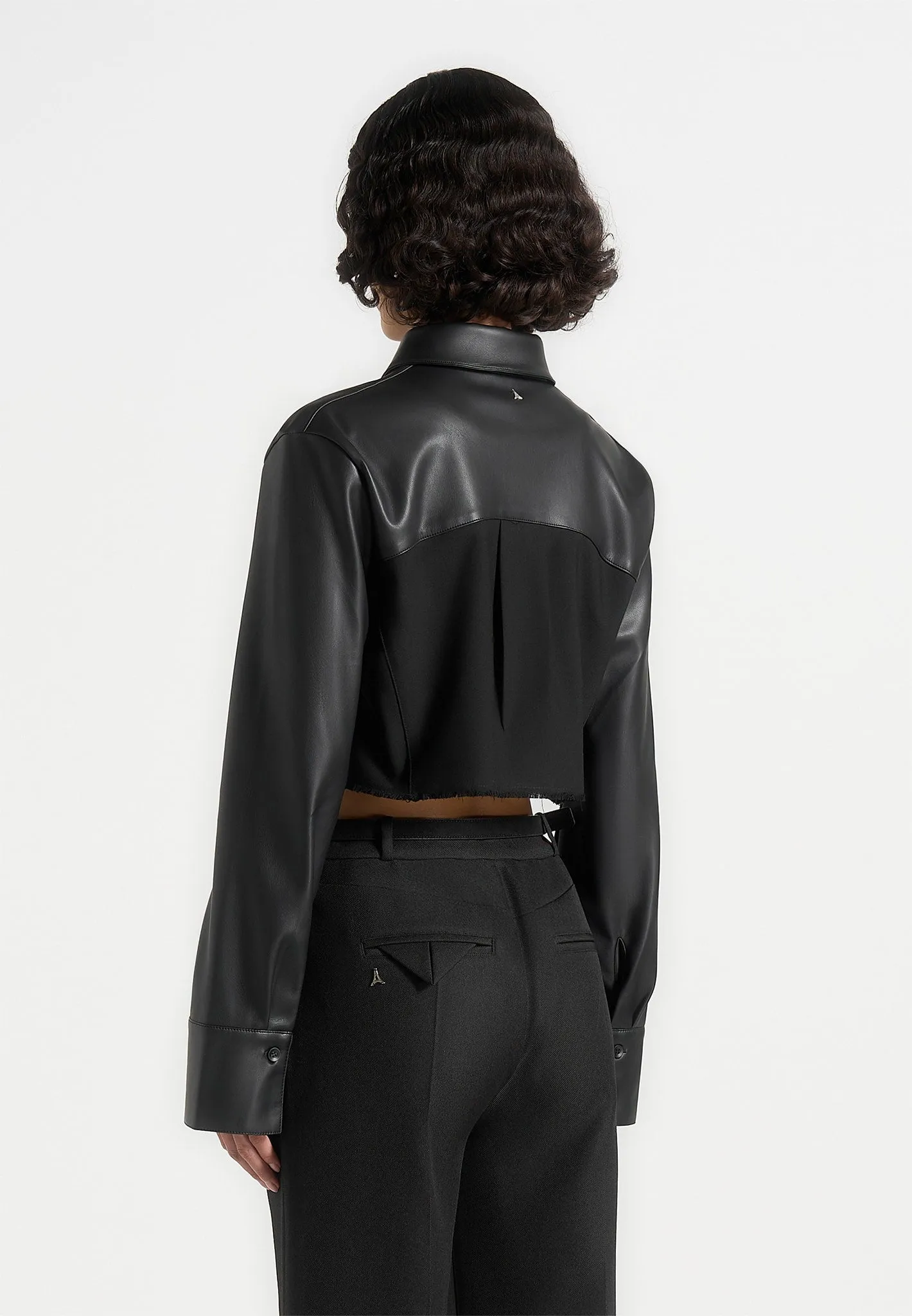 Bernadette - Leather Contrast Cropped Shirt - Black Lightweight Feel Easy Layer