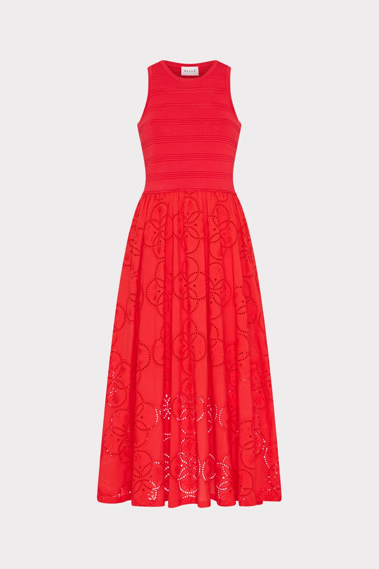 Geo Eyelet Knit Combo Midi Dress Lightweight-Lining