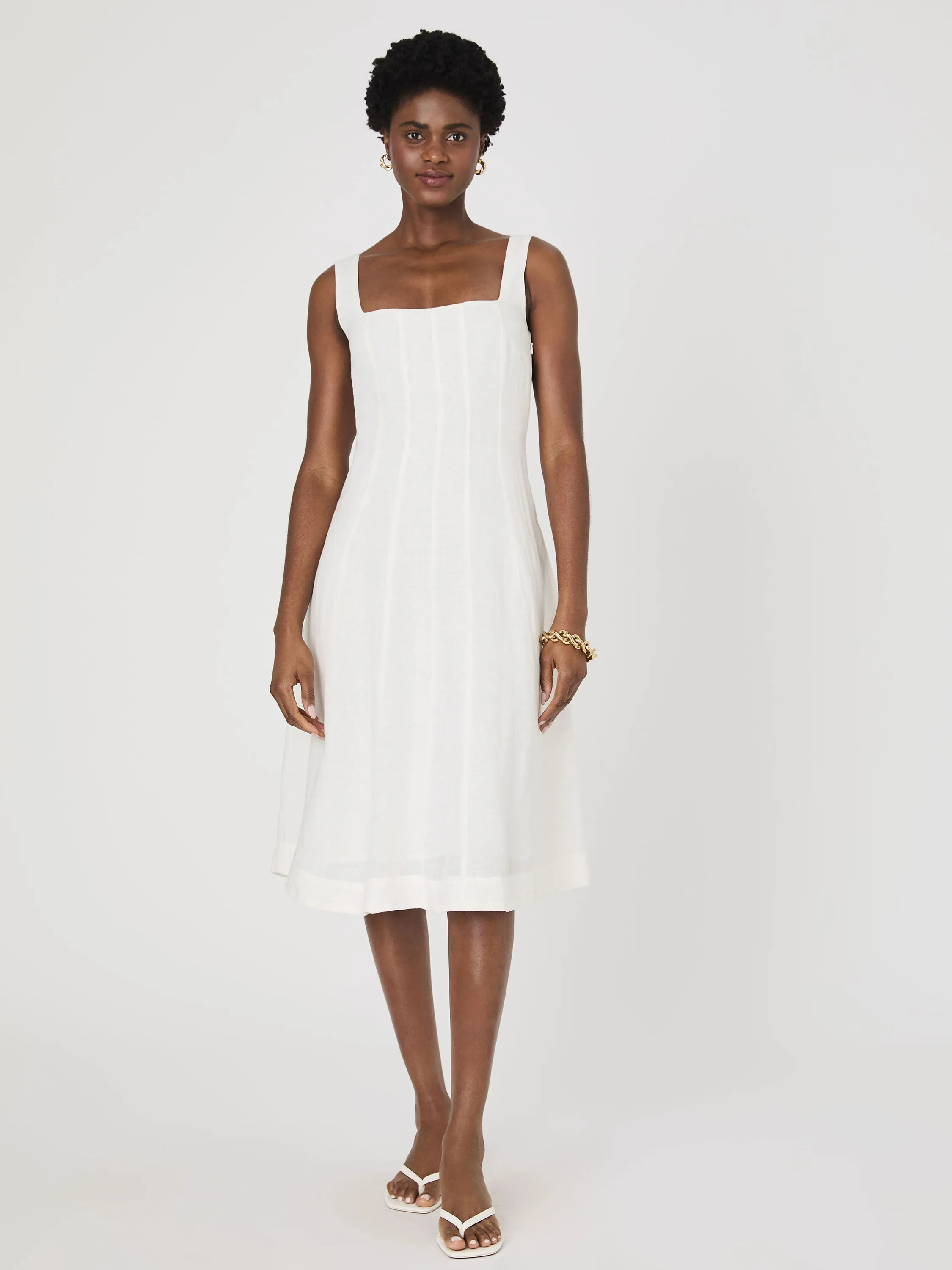 Birdie Linen Square Neck Midi Dress Daytime Look Flattering Shape