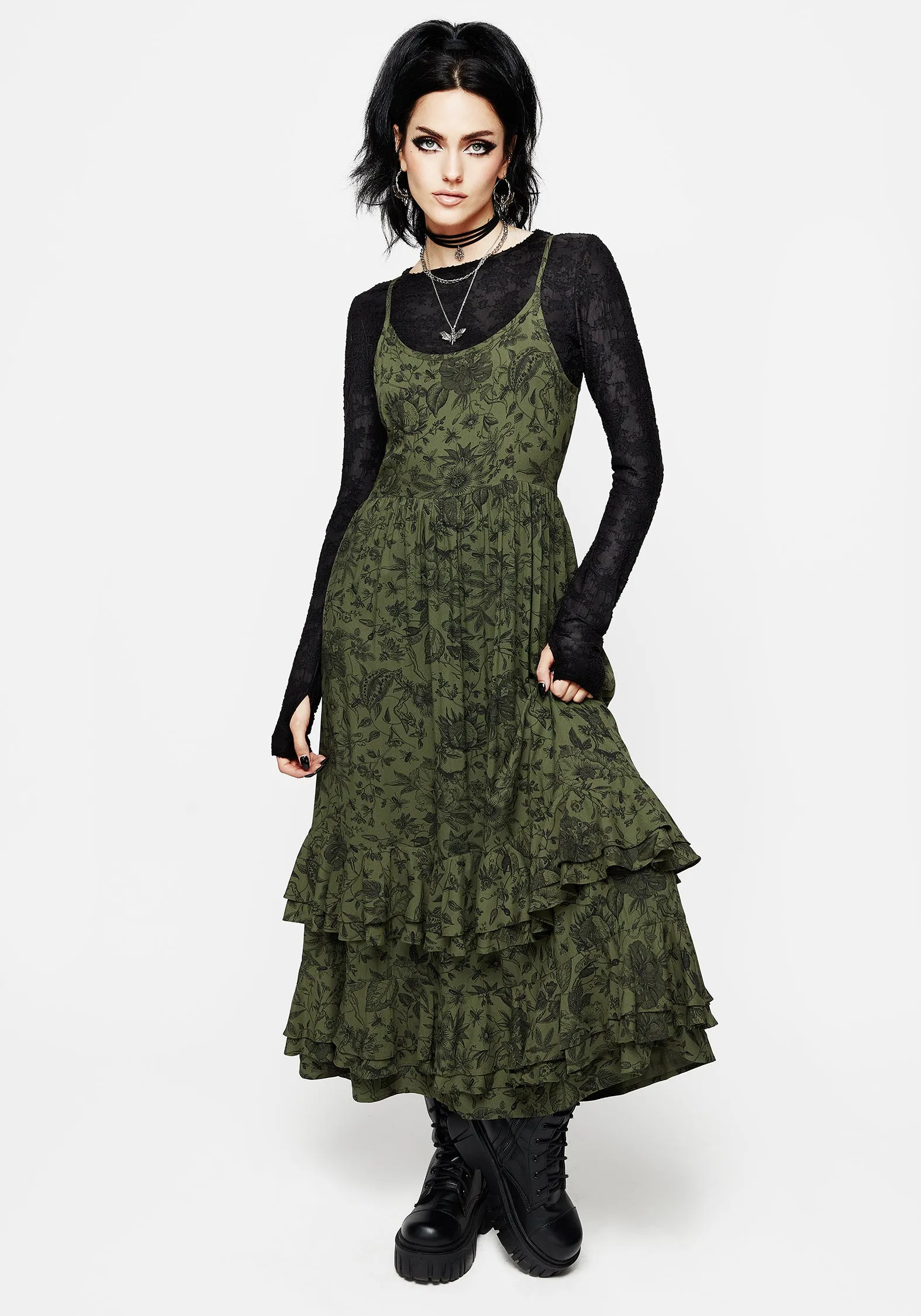 Boho Soul River Side Meadowflowers Floral Print Tiered Midaxi Cami Dress