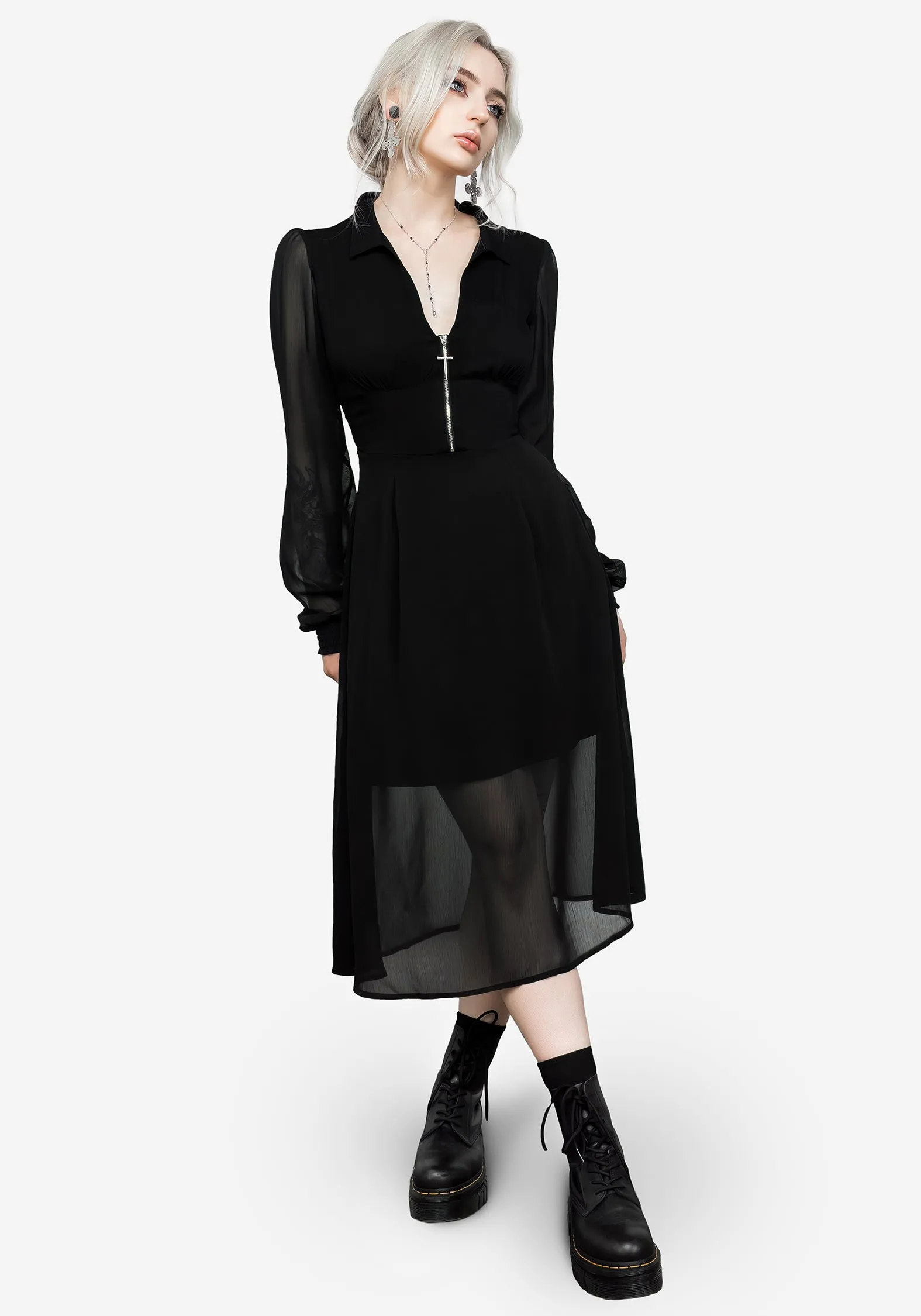 Mixed Fabric Comfortable and Fashionable Nancy Sheer Midi Shirt Dress