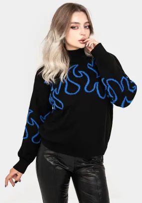 Anti Pilling Reinforced Neckline Stitching Blaze Flame Knit Jumper - Blue