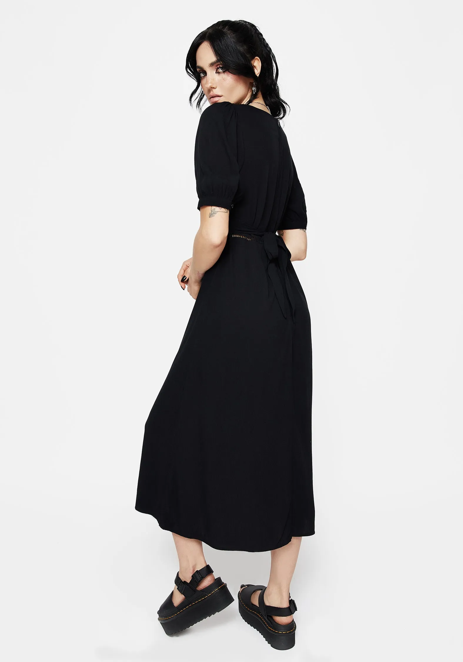 Dainty Finish Blessing Puff Sleeve Tie Back Midi Dress