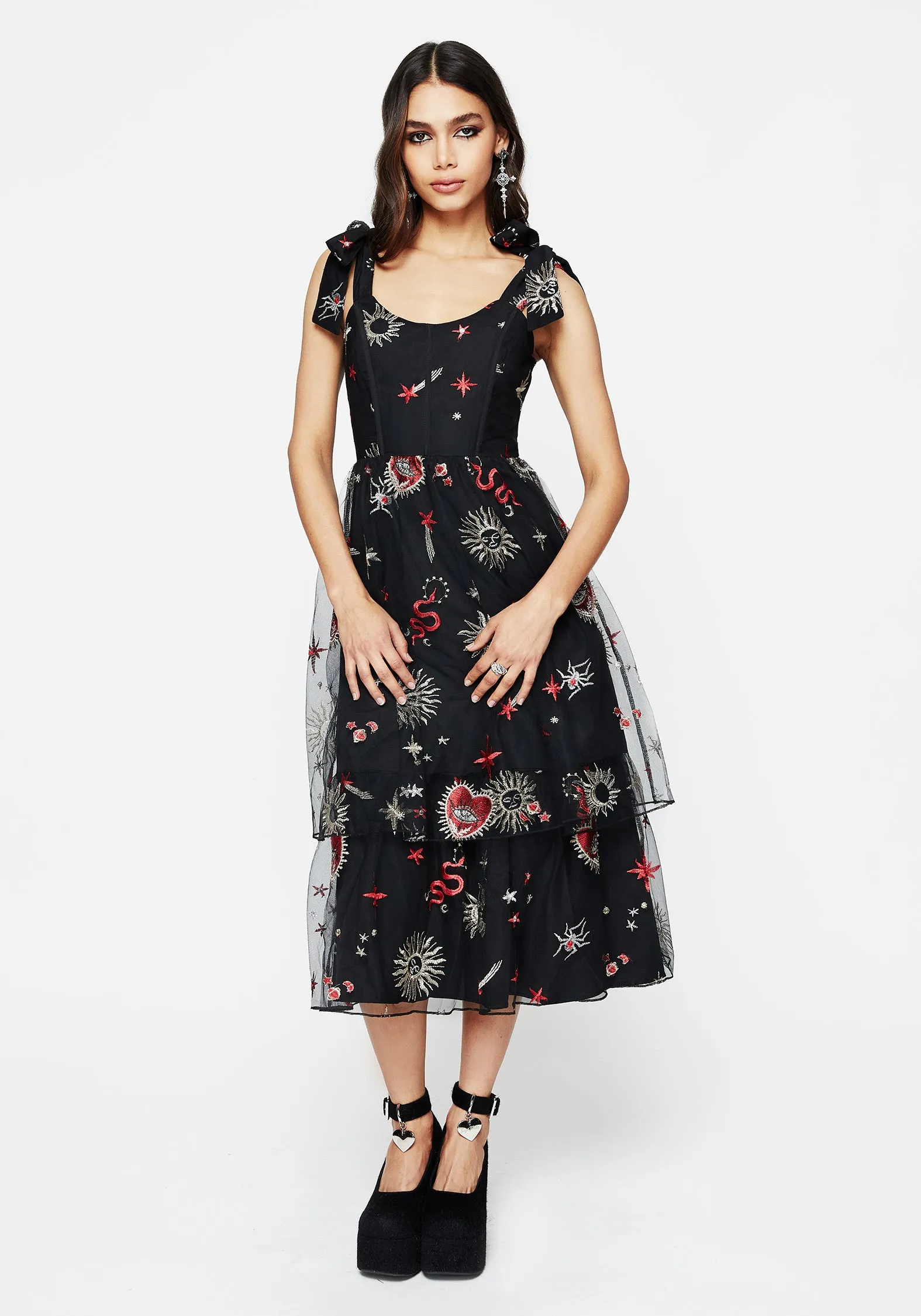 Bloodlust Embroidered Corset Midi Dress Smart and Relaxed Elastic-Waist