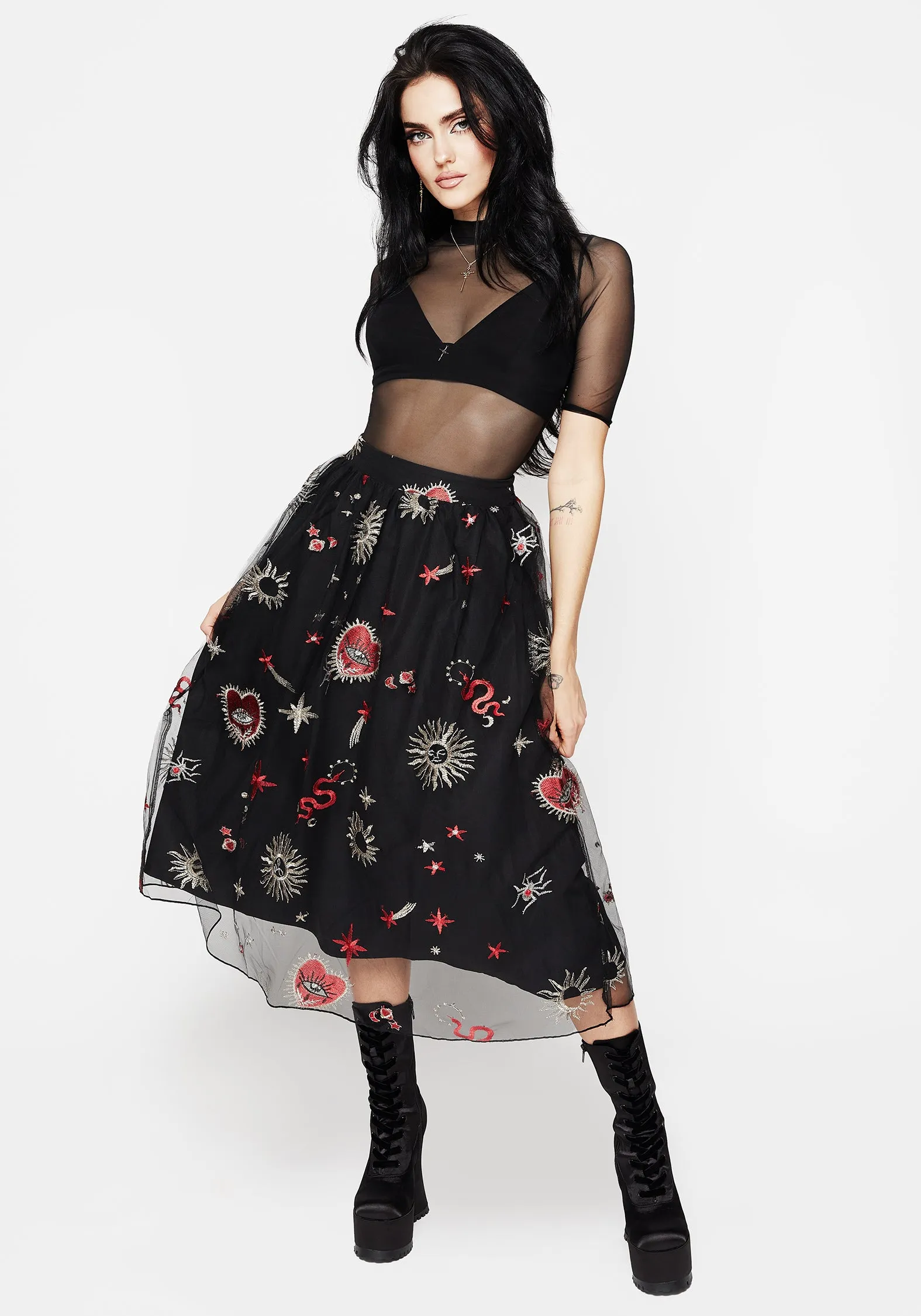 Bloodlust Embroidered Midi Skirt Chill Feel Sturdy Waistband