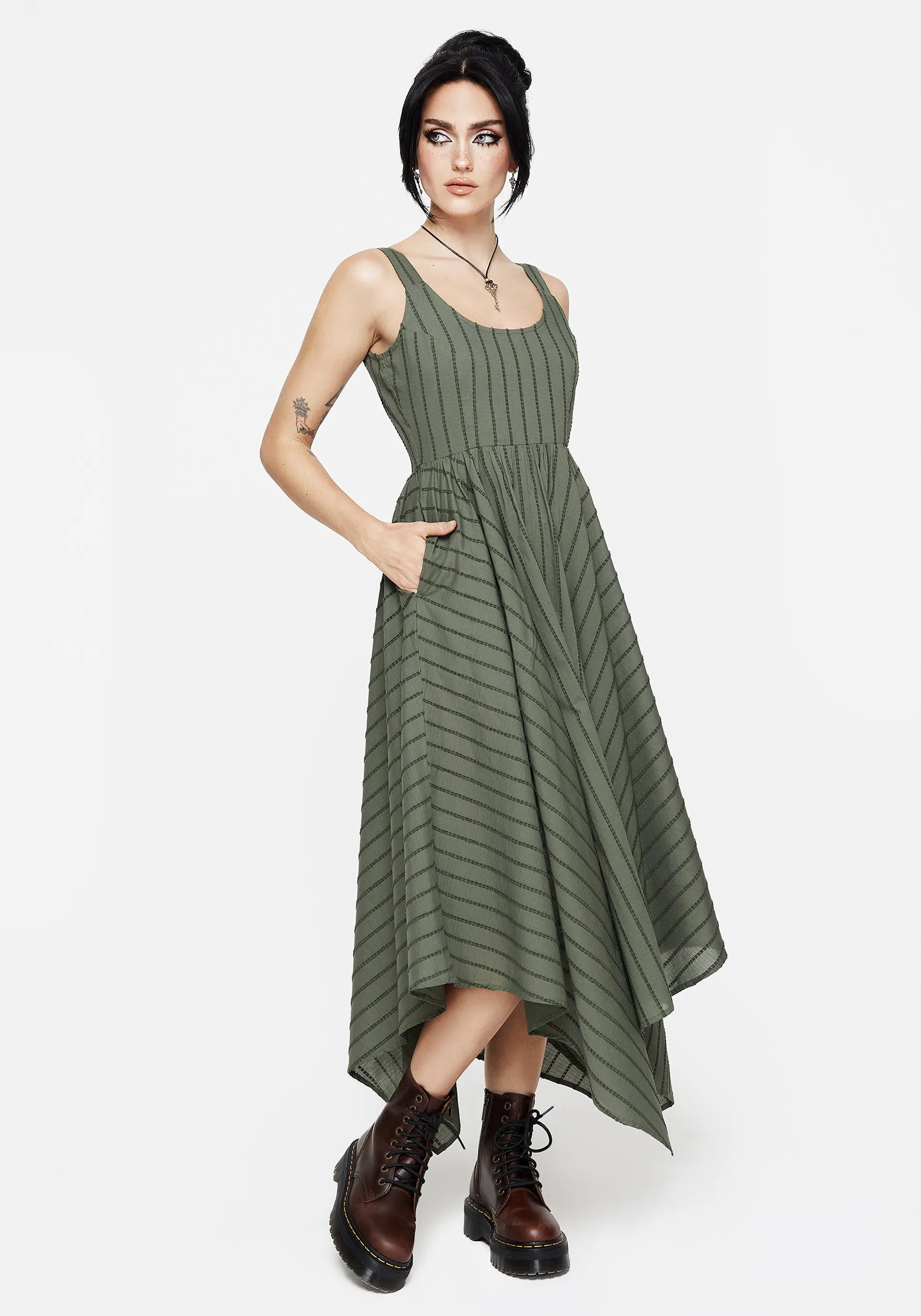 Polished Wear Blythe Cotton Handkerchief Hem Midaxi Dress - Green