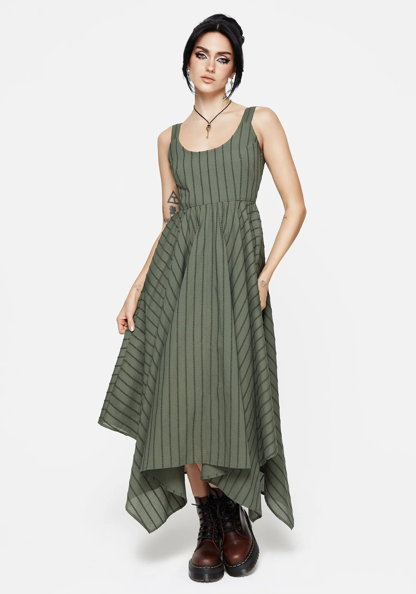 Minimalist-Style Blythe Cotton Handkerchief Hem Midaxi Dress - Green