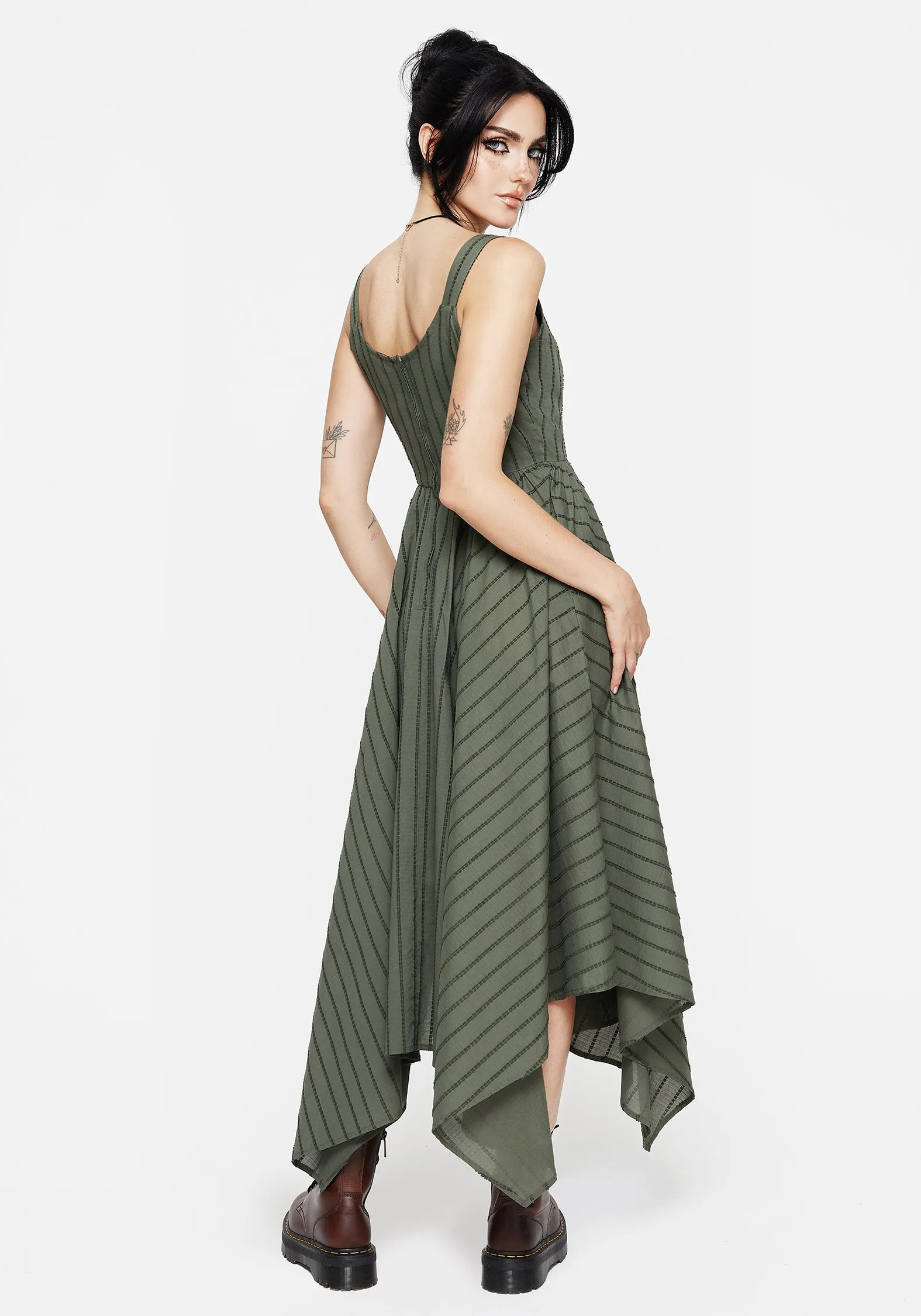 Texture Play Velvet-Sleeve Blythe Cotton Handkerchief Hem Midaxi Dress - Green