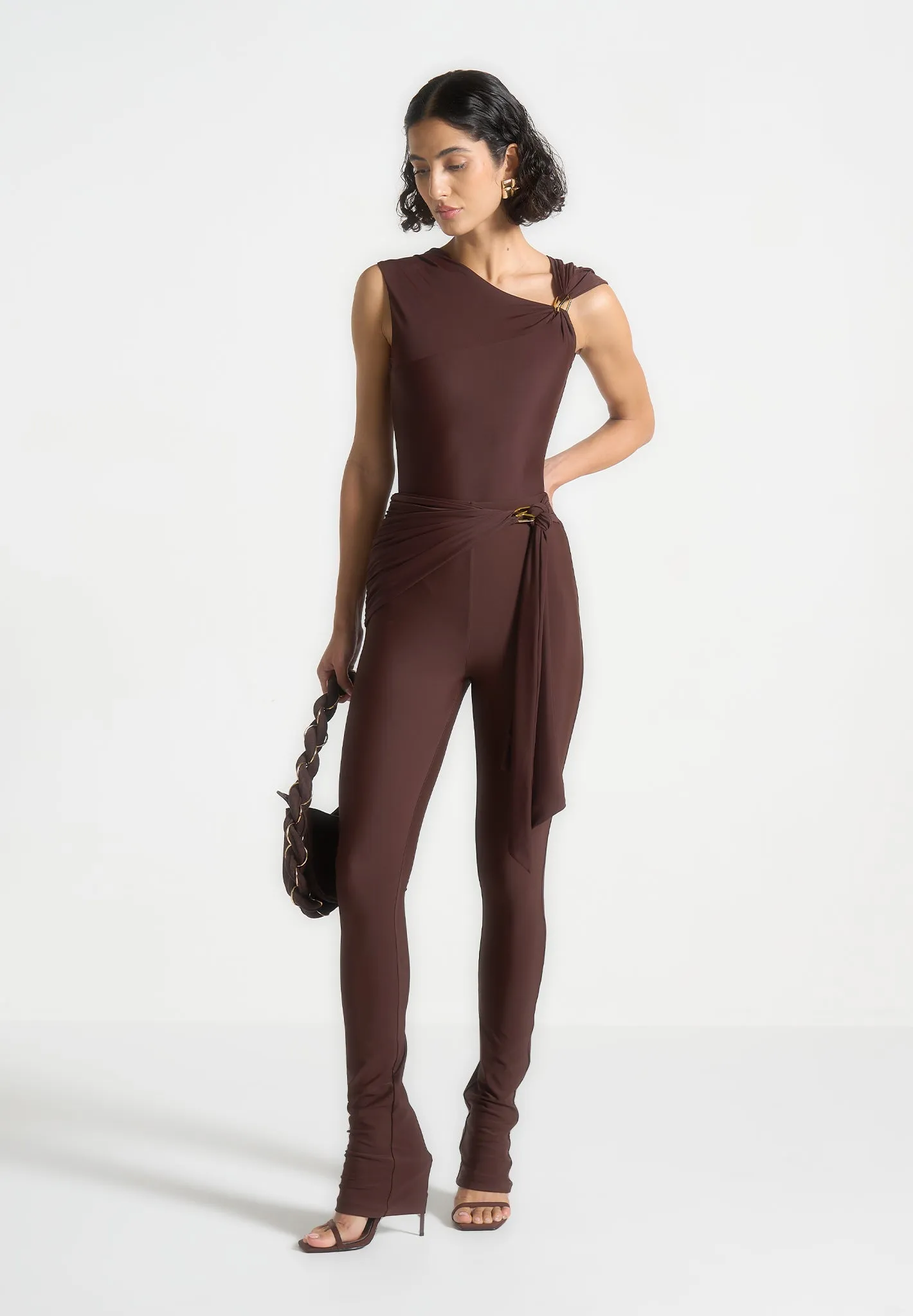 Bodysuit with Hardware Detail - Brown Soft Material soft look