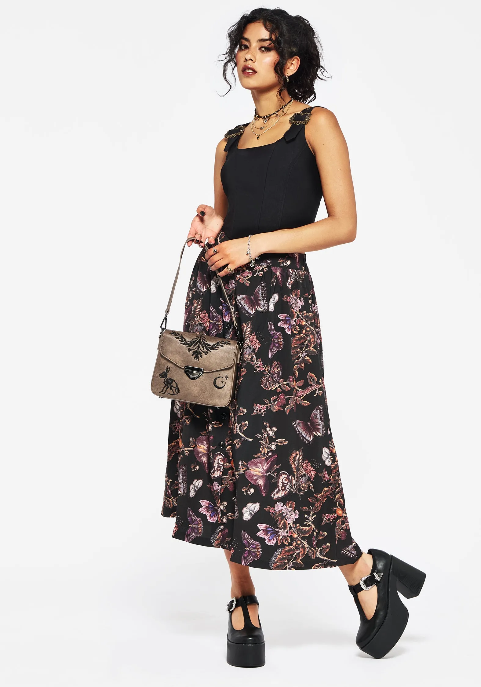 Runway Ready Eloise Floral Butterfly Print Button Up Midi Skirt