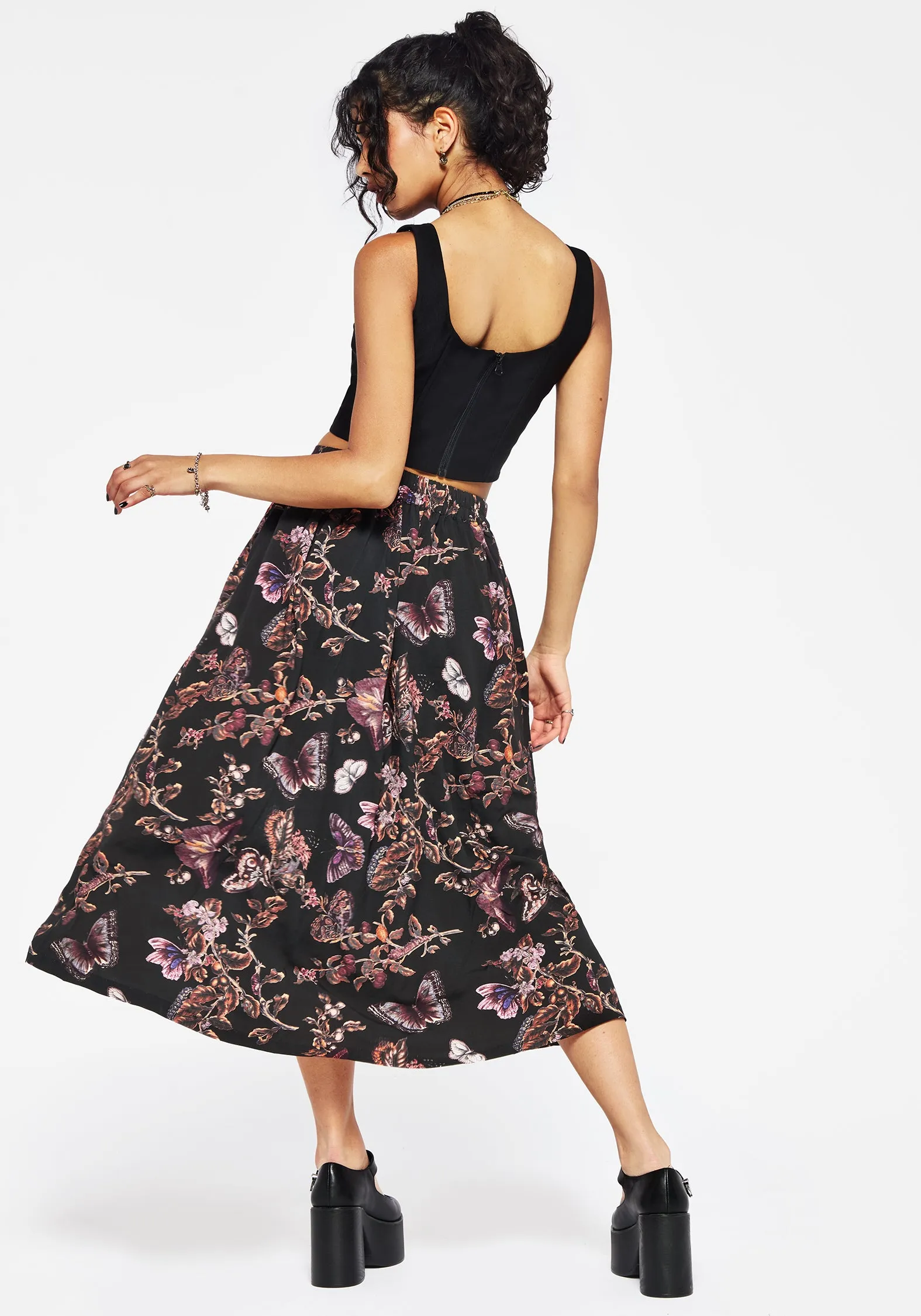 Eloise Floral Butterfly Print Button Up Midi Skirt Laidback Feel
