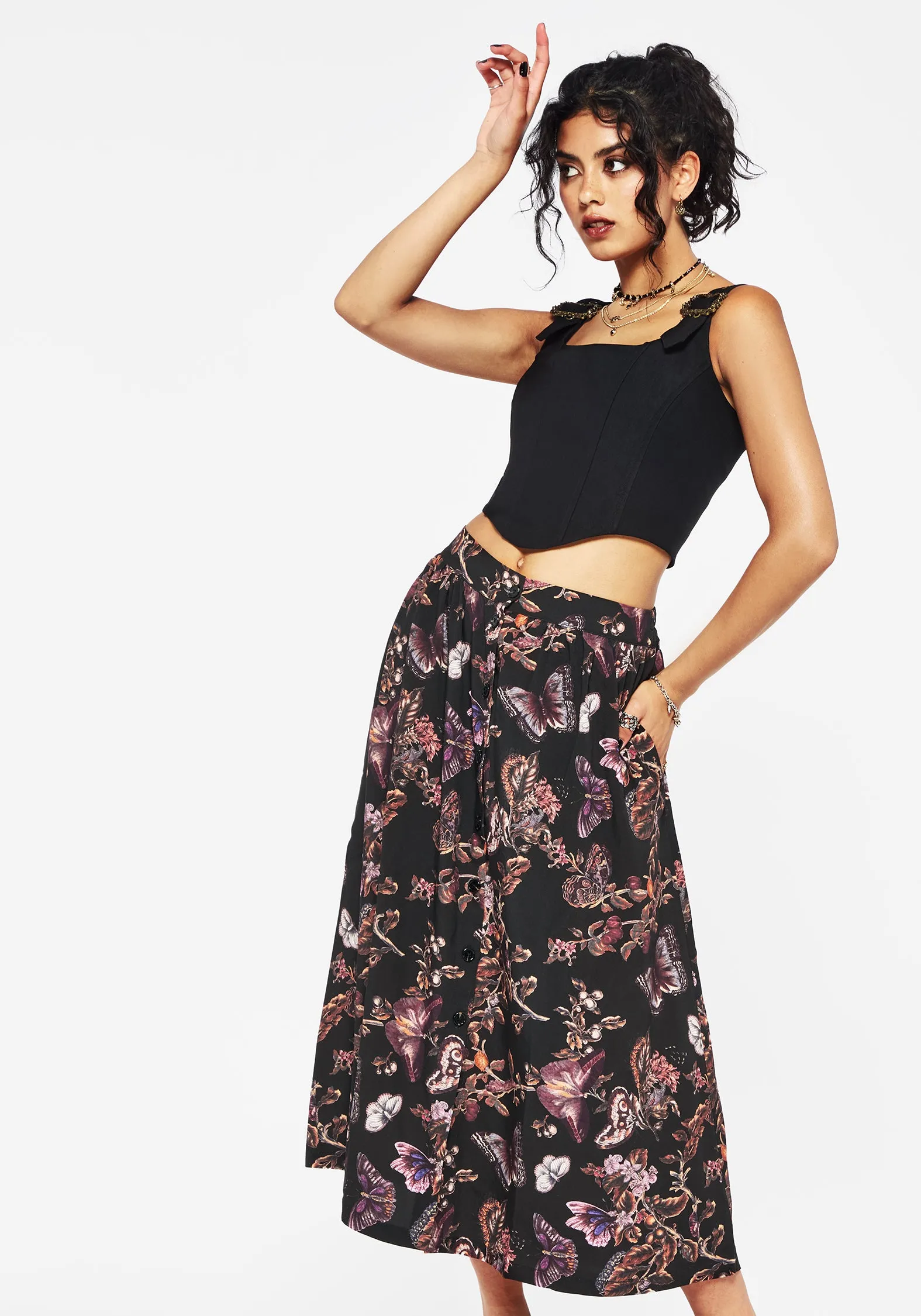 Relaxed Style Eloise Floral Butterfly Print Button Up Midi Skirt