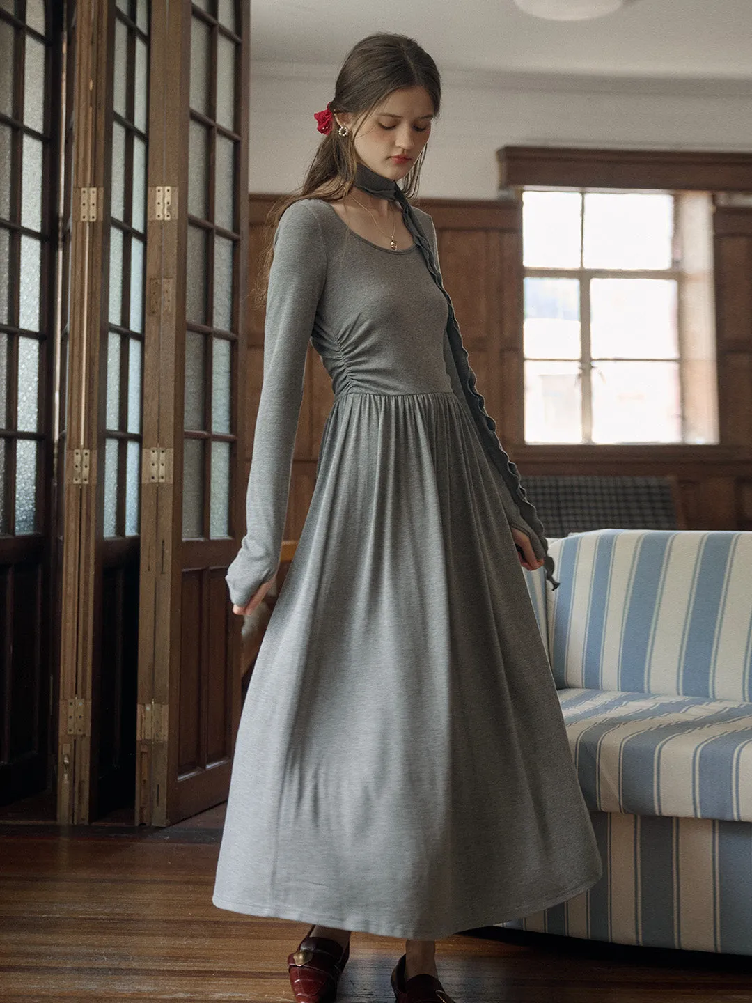 Kaitlyn Round Neck Elegant Gray Slim Fit Knit Dress Perfect Layer Free Step