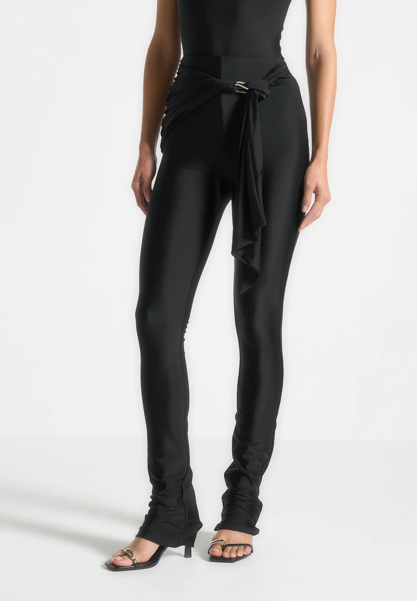 Draped Hardware Detail Leggings - Black Soft Texture