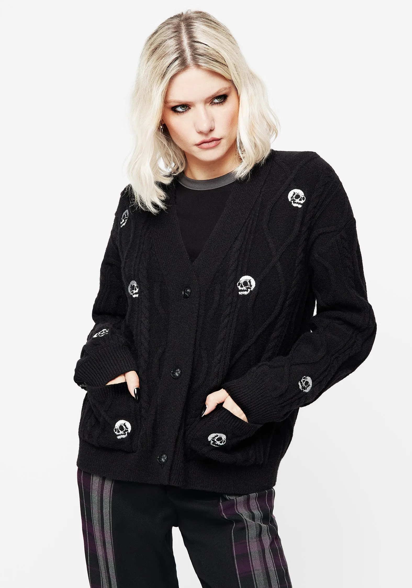 Bones Embroidered Cable Knit Cardigan Neutral Look Zigzag Stitch Detail