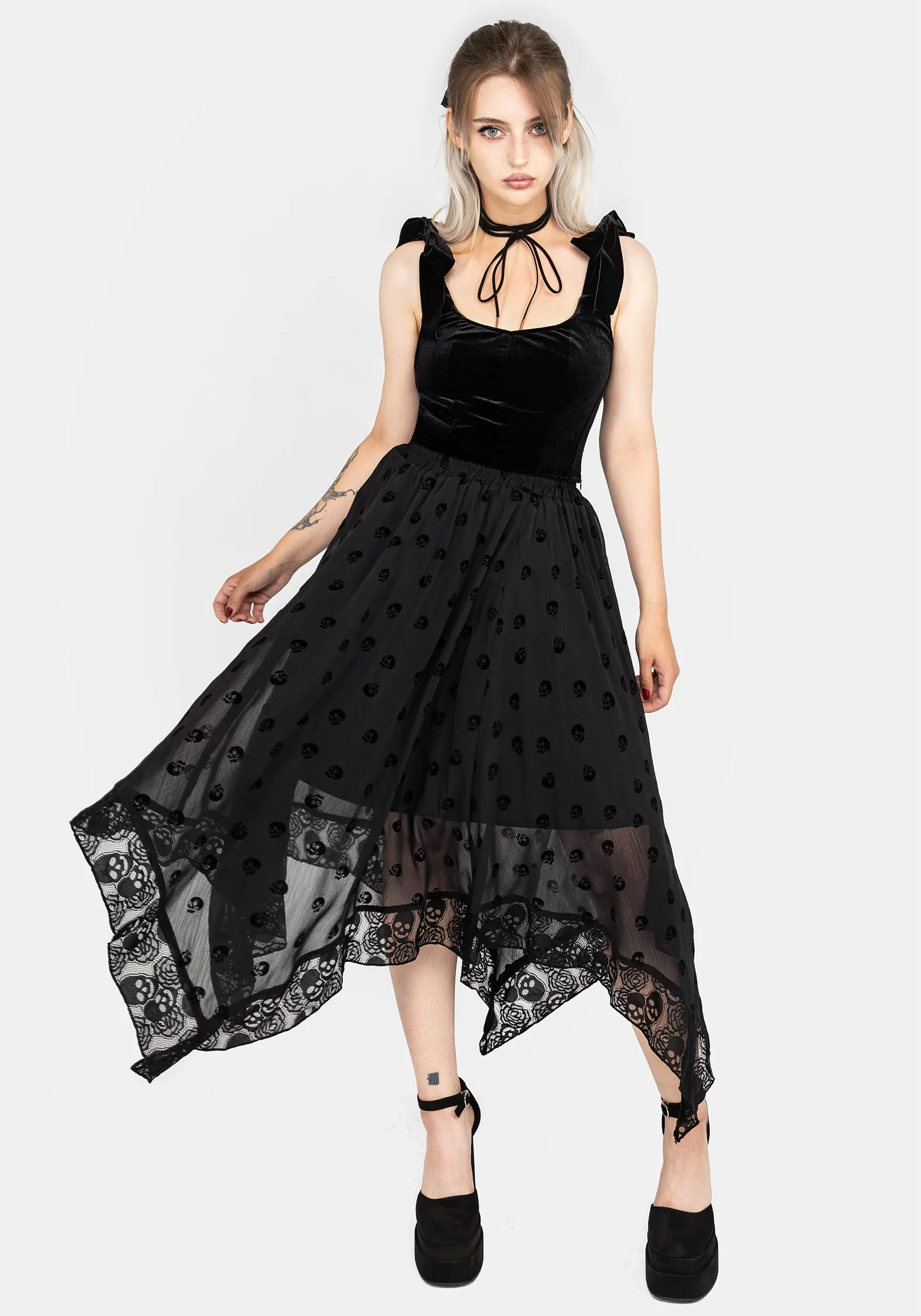 Durable Stitching Bones Flocked Chiffon Handkerchief Hem Skirt