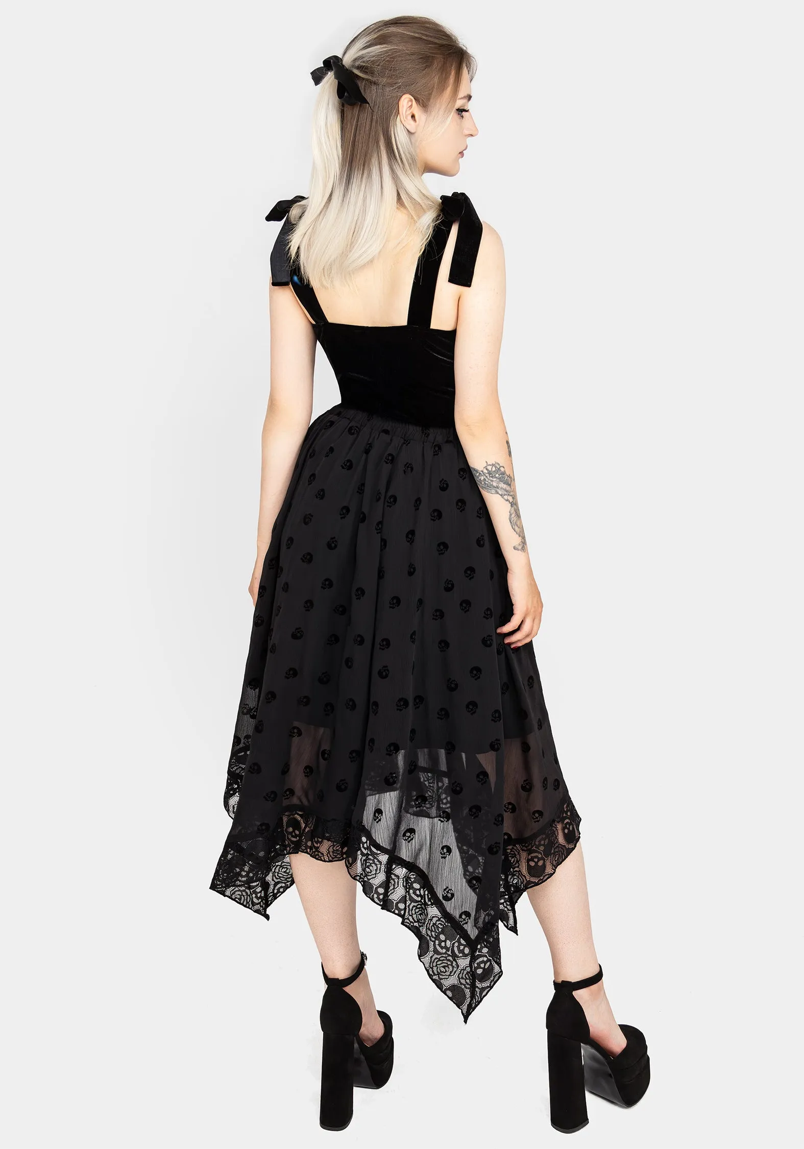 Bones Flocked Chiffon Handkerchief Hem Skirt Reinforced Stress Points Flexible Fit