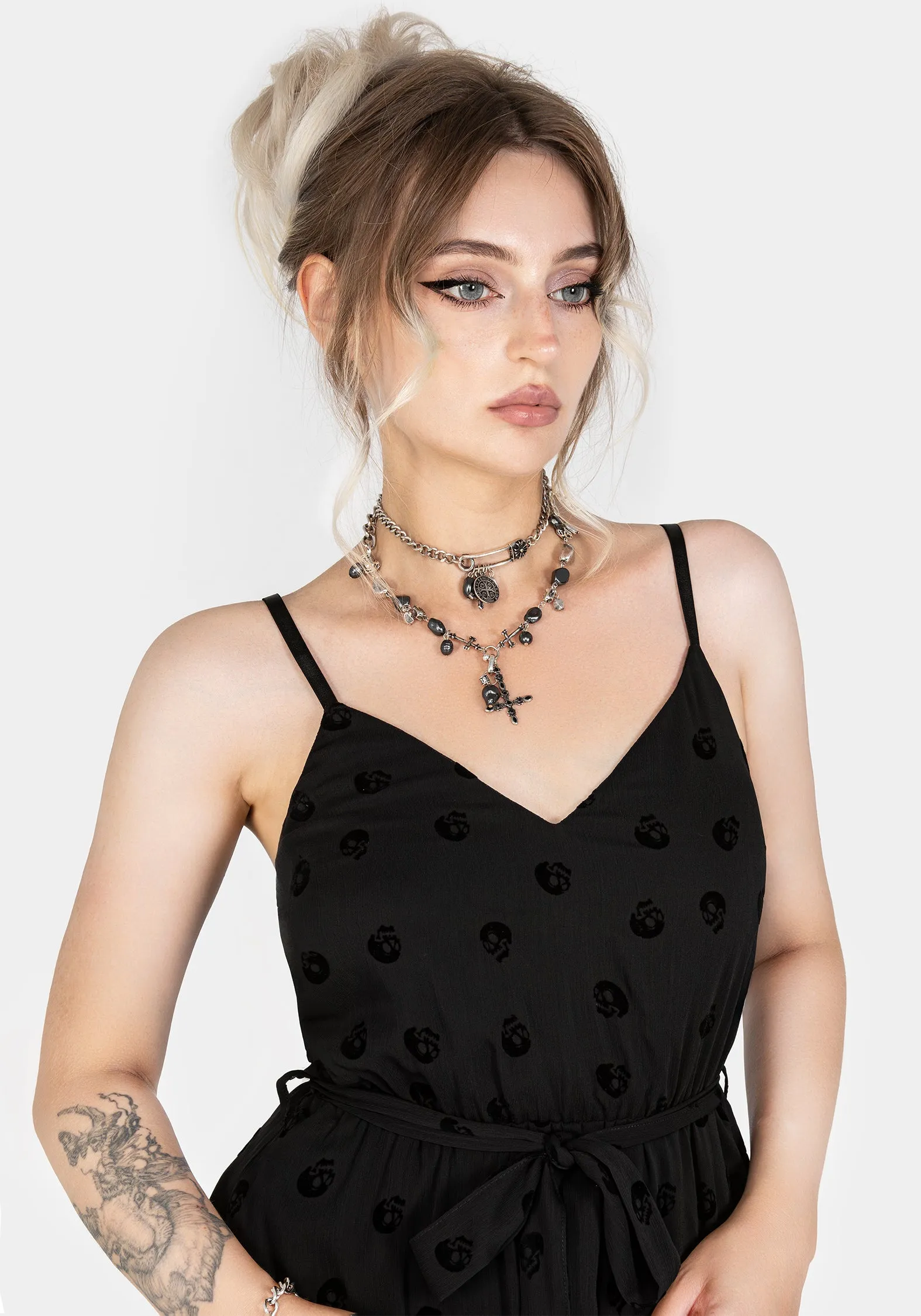 Linen Drapes delicate embroidery Bones Flocked Chiffon Maxi Cami Dress