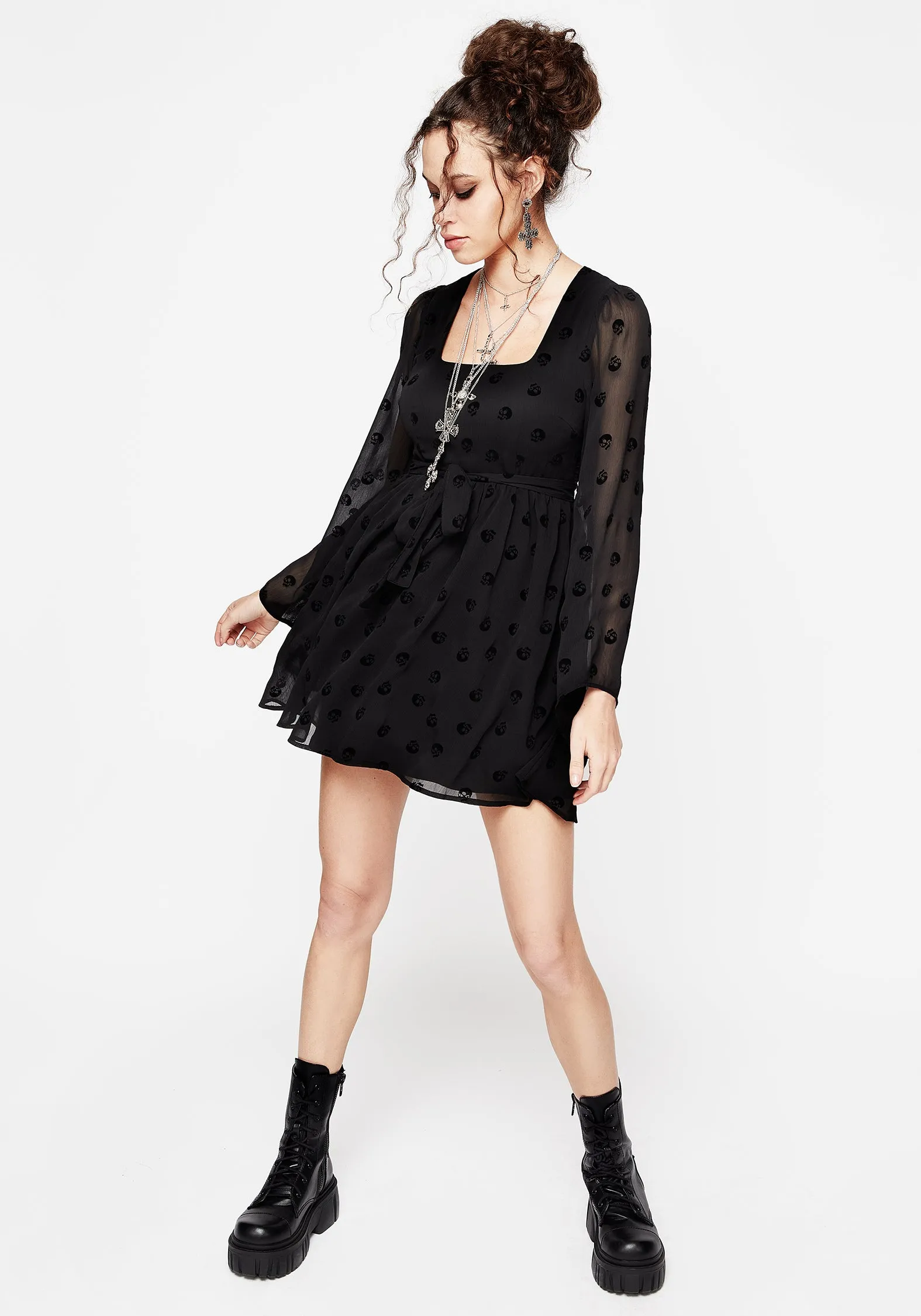 Chic and Stylish Bones Flocked Chiffon Mini Dress