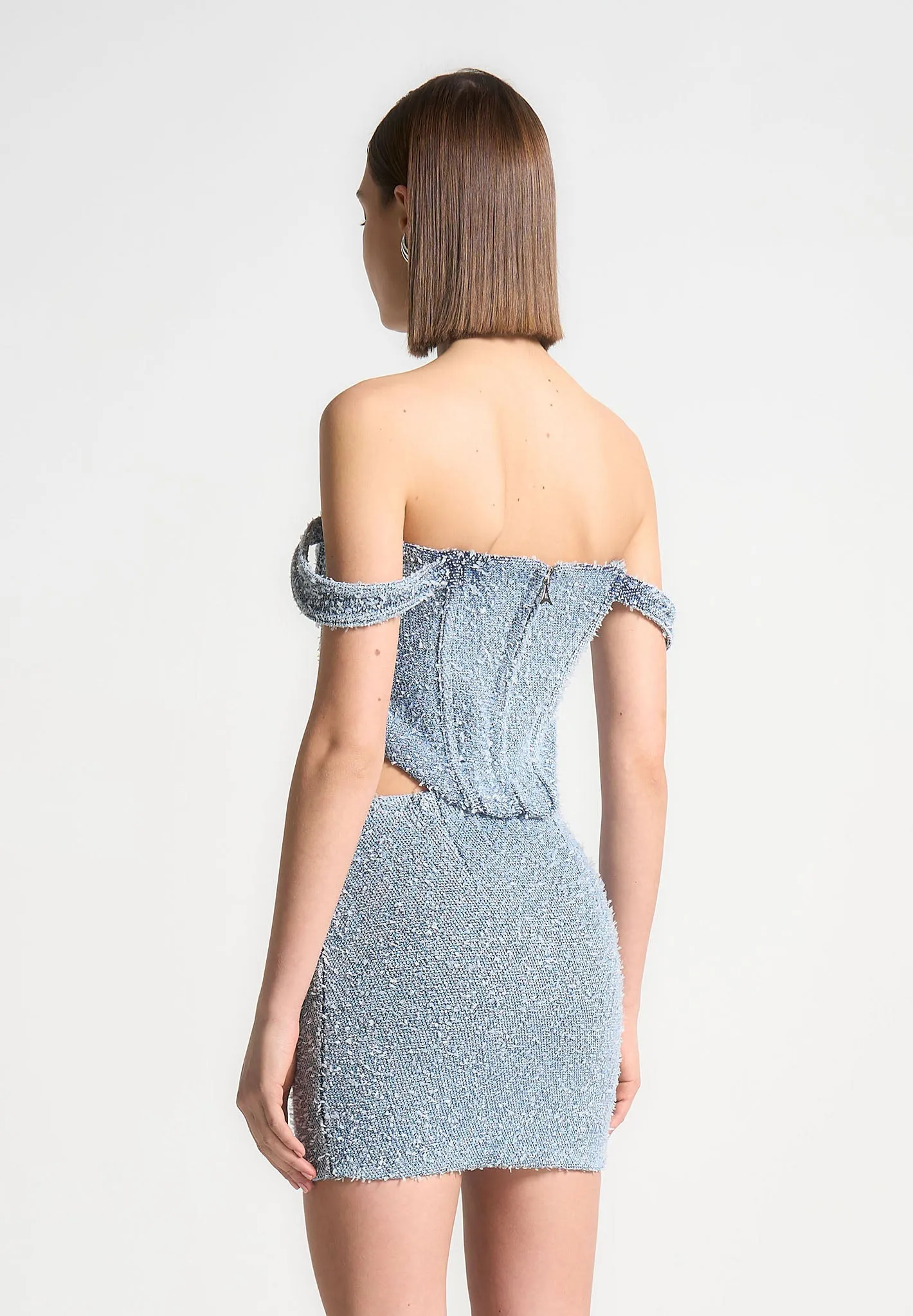 Bonnie - Boucle Denim Bardot Corset Top - Mid Blue Drop Shoulder Cut Anti Static Finish