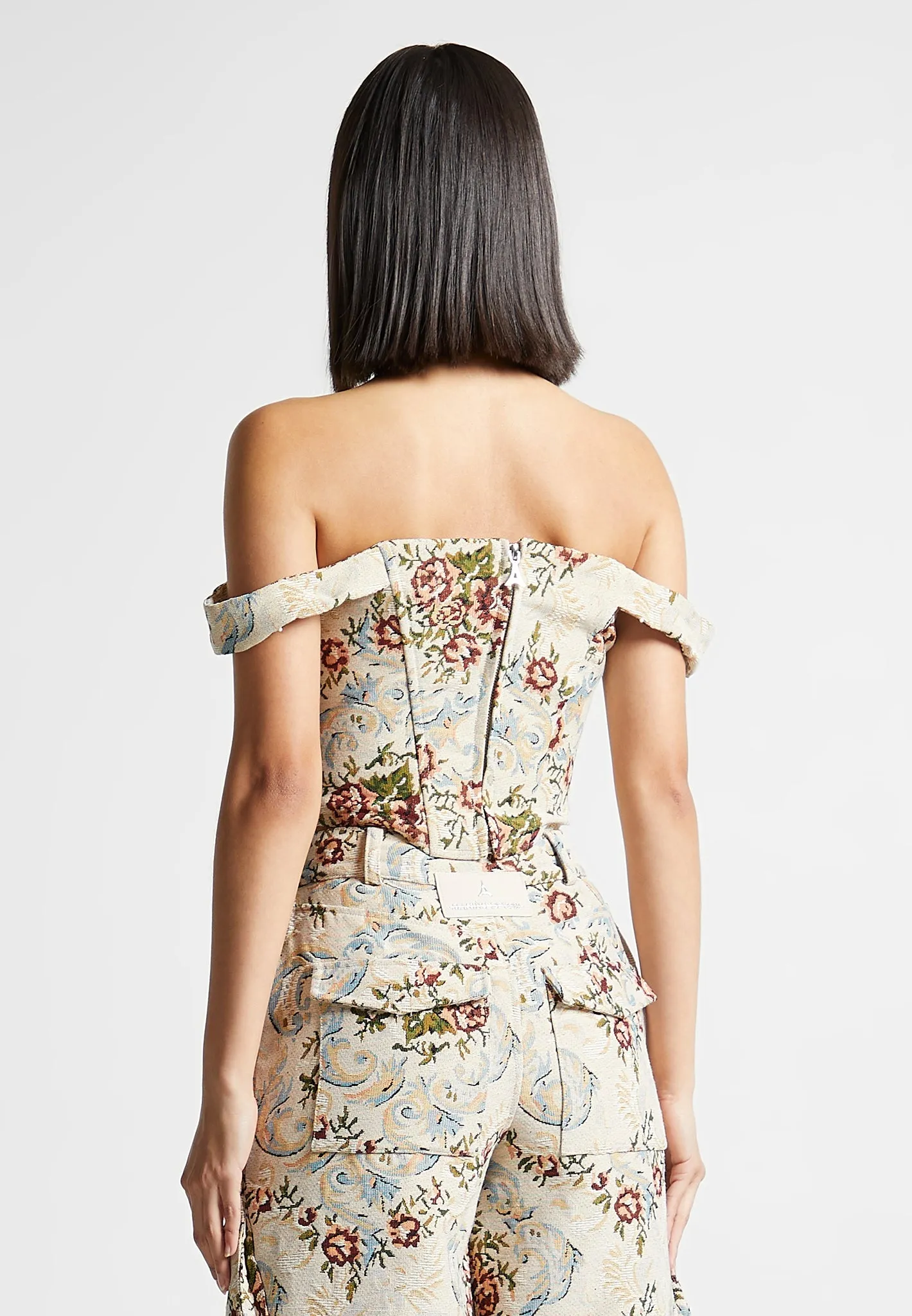 Bonnie - Floral Jacquard Bardot Corset Top - Beige Adaptable Retro