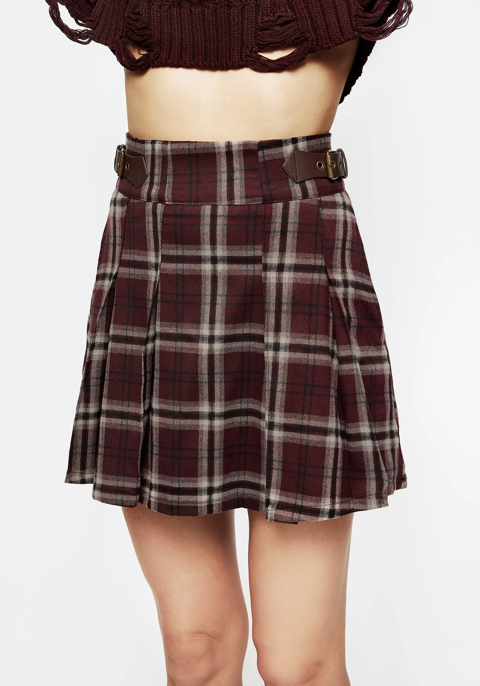Bramble Check Pleated Mini Skirt Twist Front Design Floor Length