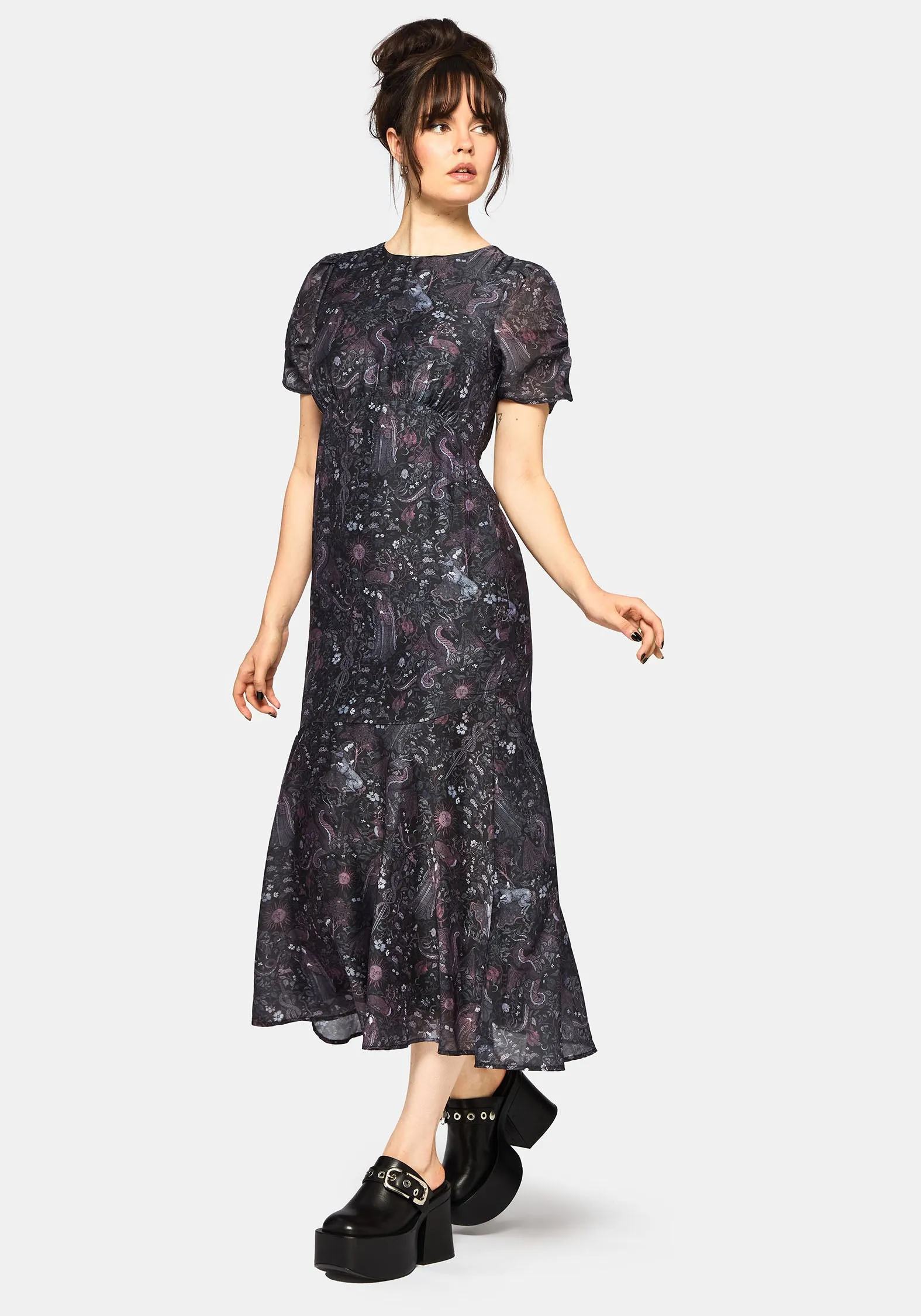 Haunt Medieval Print Chiffon Maxi Dress Contemporary Look Dainty Finish