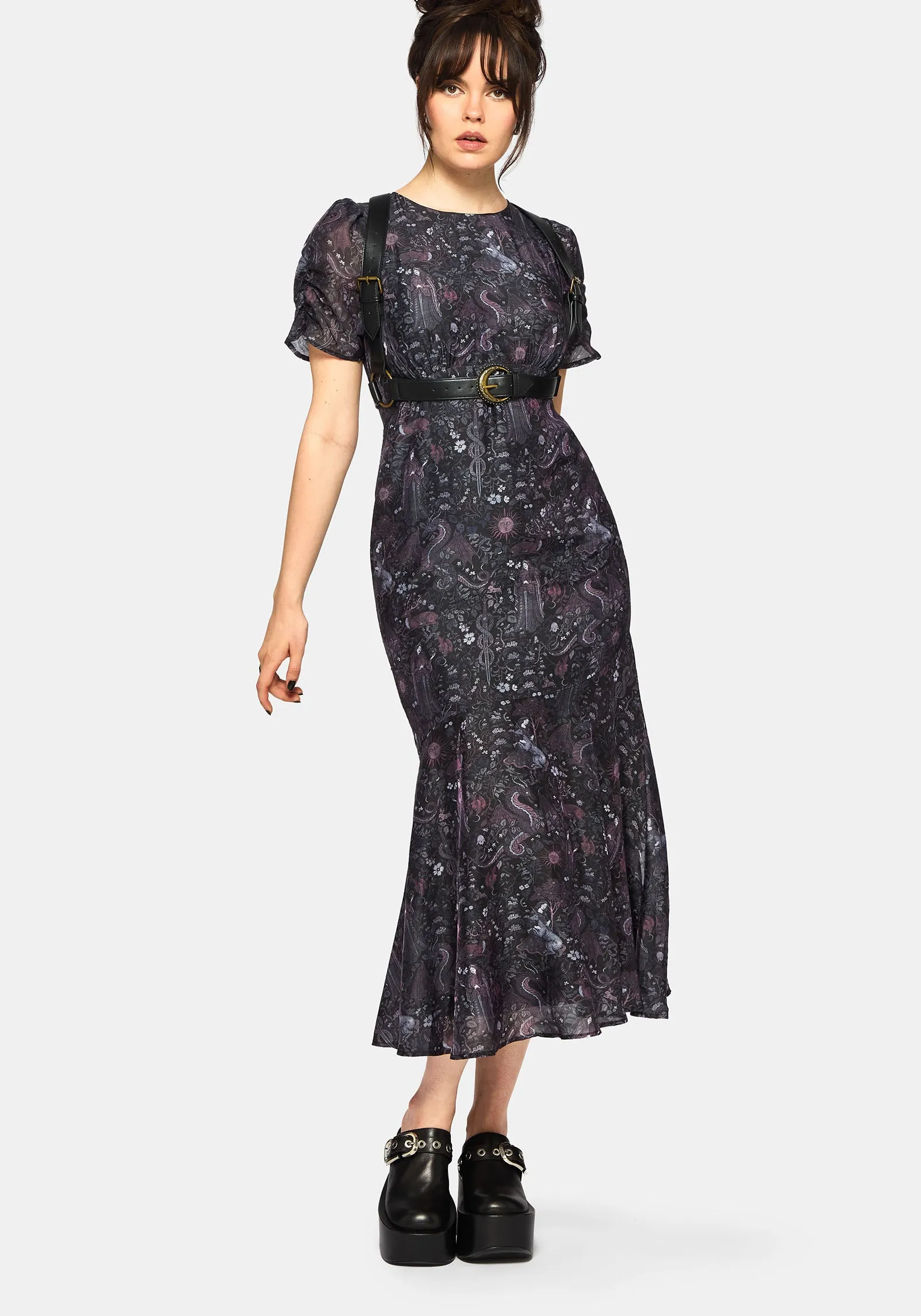 Easy Fit Relaxed Line Haunt Medieval Print Chiffon Maxi Dress