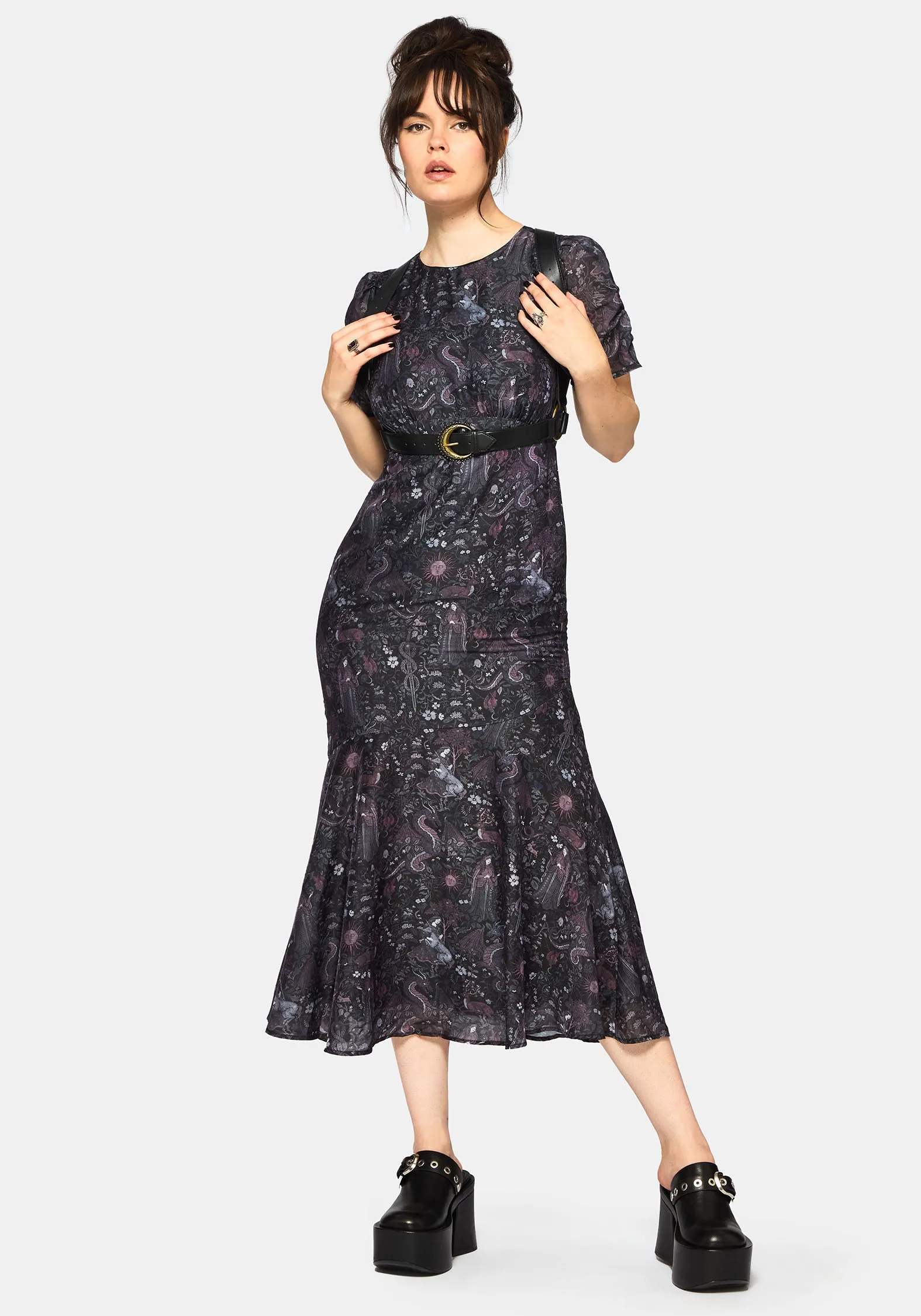 With its versatile length this maxi dress can be styled in a variety of ways for different occasions Haunt Medieval Print Chiffon Maxi Dress