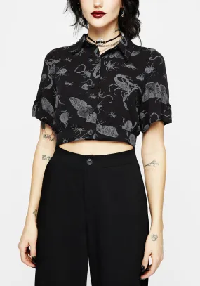 Parasite Bugs Short Sleeve Crop Shirt - Black Natural Fiber Blend Reflective Logo Detail