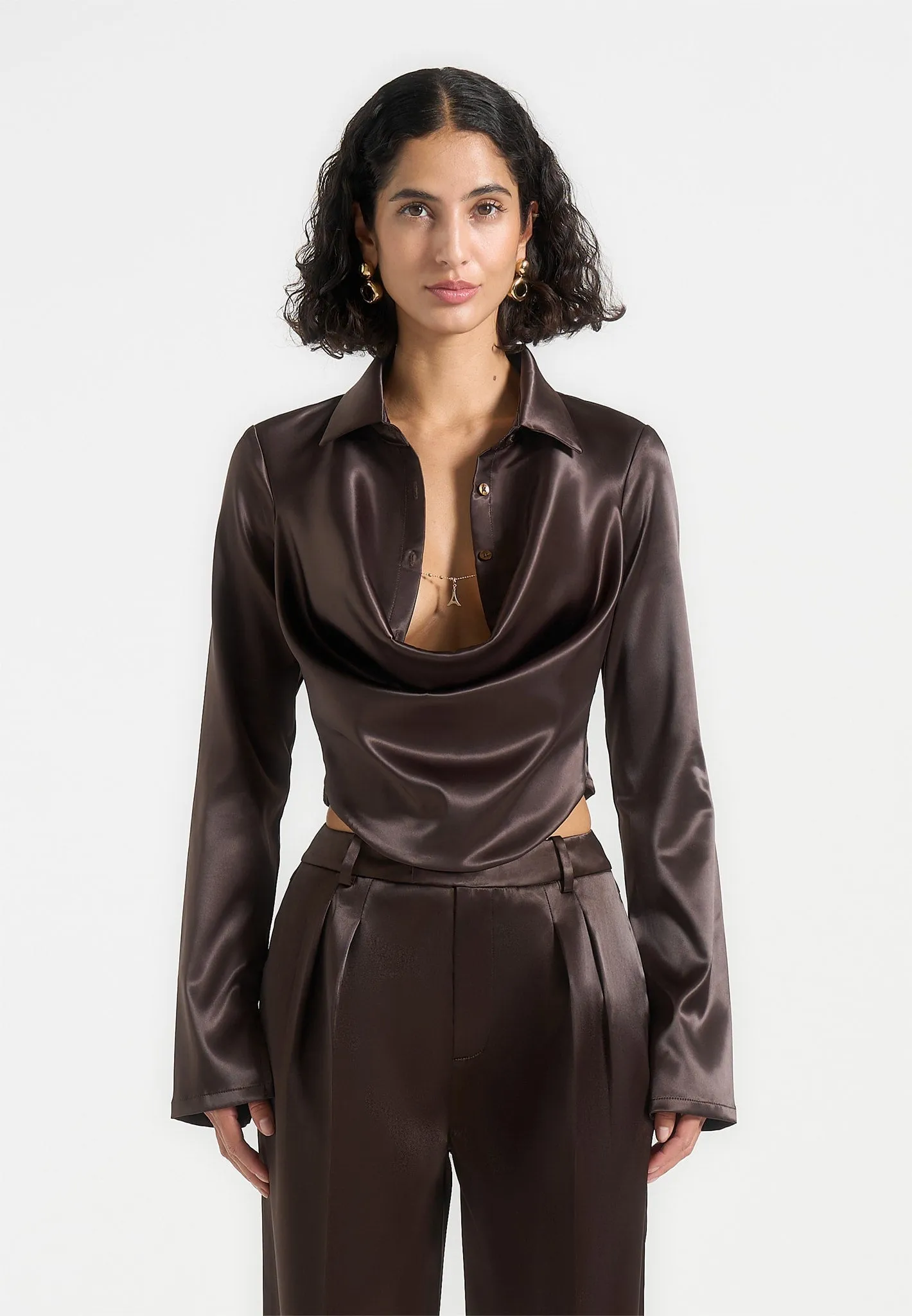 Stretch Fabric Technology Raw Edge Hem Satia - Satin Cowl Shirt with Chain Detail - Brown