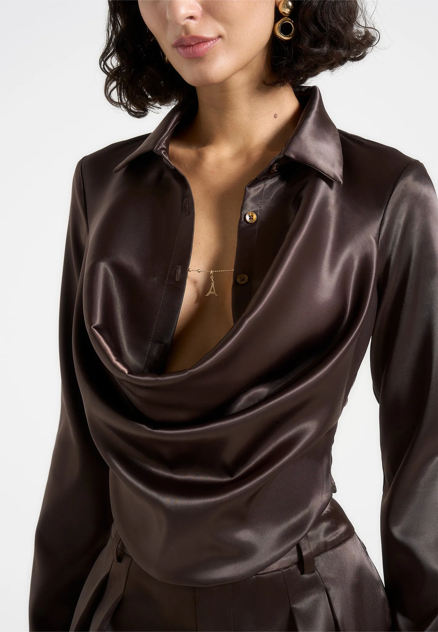 Satia - Satin Cowl Shirt with Chain Detail - Brown Long Lasting Color Cozy Feeling