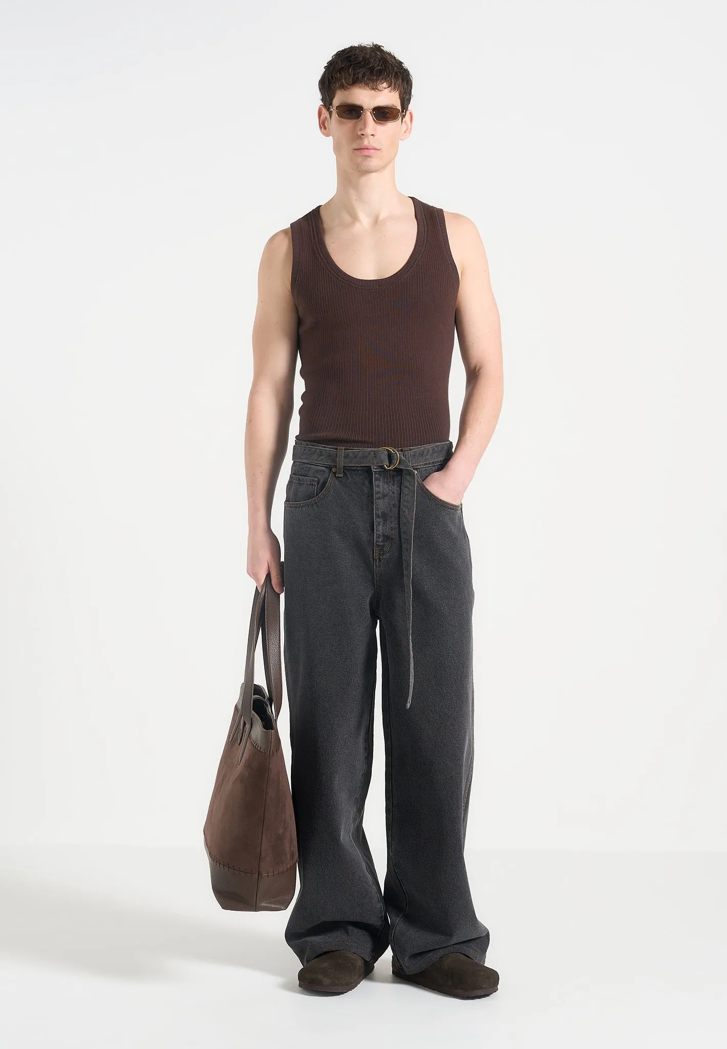 Adam -  Wide Leg Belted Jeans - Black Wash Festival Outfit Comfy Artist Vibe