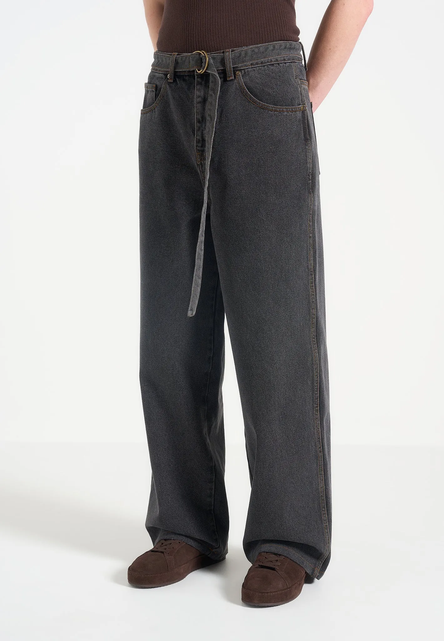 Adam -  Wide Leg Belted Jeans - Black Wash Modern Textured