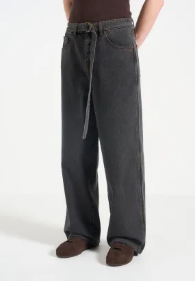 Adam -  Wide Leg Belted Jeans - Black Wash Modern Textured